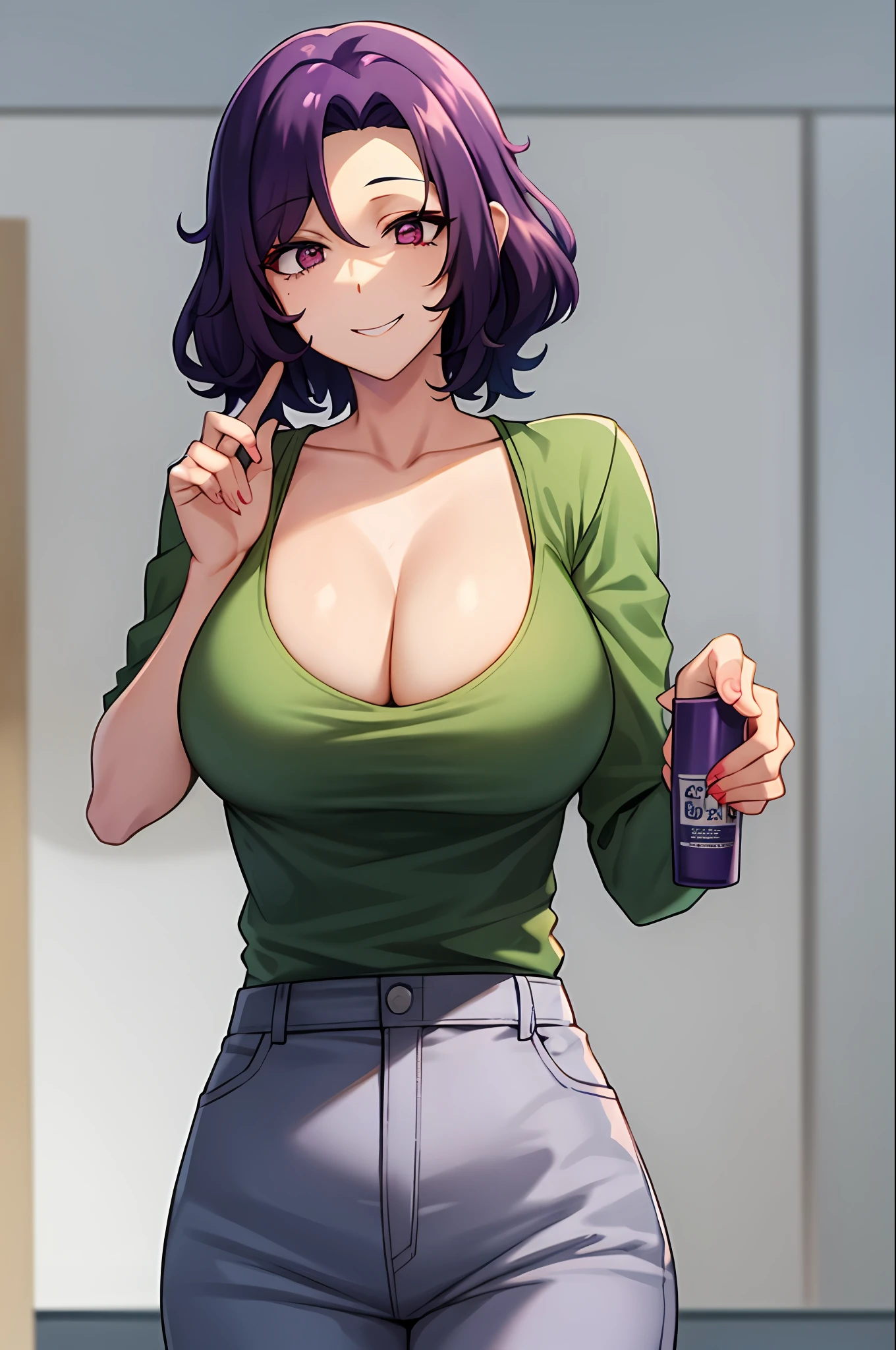 best qualityer，（tmasterpiece：1.2），highly  detailed，sitted，Mature woman，
1girll， 独奏， hamaoka azusa，
looking at viewert，ssmile，，
Purple eye，Purple colored hair，short detailed hair，green-shirt，Red bra strap，Full buttocks，plumw，big breasts body