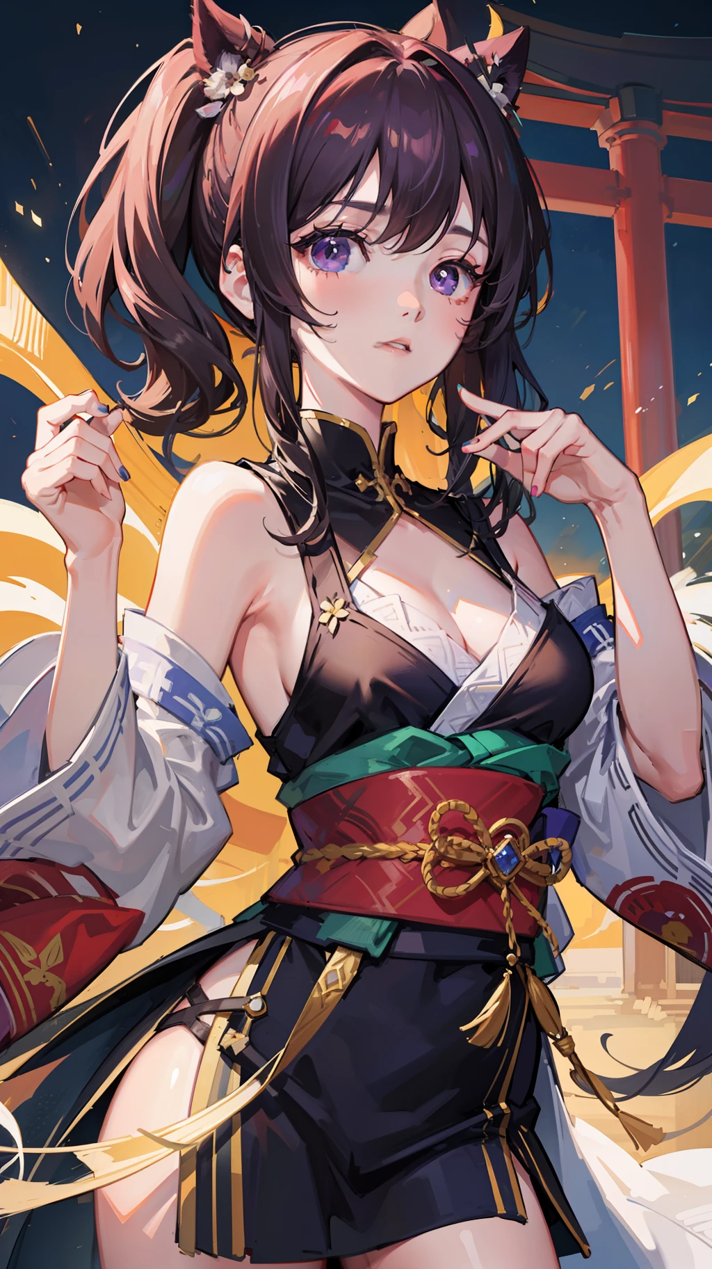 (tmasterpiece,Delicate pupils:1.2),hight contrast,pastels,aquarelle\(Curly),(illustratio:1.2),1girl,solo,(Raiden Shogunate:1.4),Purple colored hair,Purple eye,By bangs,pigtails,braided ponytails,nedium breasts,hair adornments,Japanese style costume,komono,obi strip,red waistband,(detailedbackground:1.4),(torii:1.4),(upper legs:1.4),Volumetriclighting,ultra - detailed,The is very detailed,prette,small detailed,ultra - detailed,best qualtiy,iintricate,sharp,digital illustrations,A detailed,iintricate,4k,8k,Good anatomy,beautiful light up,awardwinning,A high resolution,(Very detailed CG,unified,8k 壁纸:1.1),beauitful face,higly detailed face,zoomout,vibrant with colors,vivd colour,nail polish,(with light glowing:1.4)Close-up of the eyes