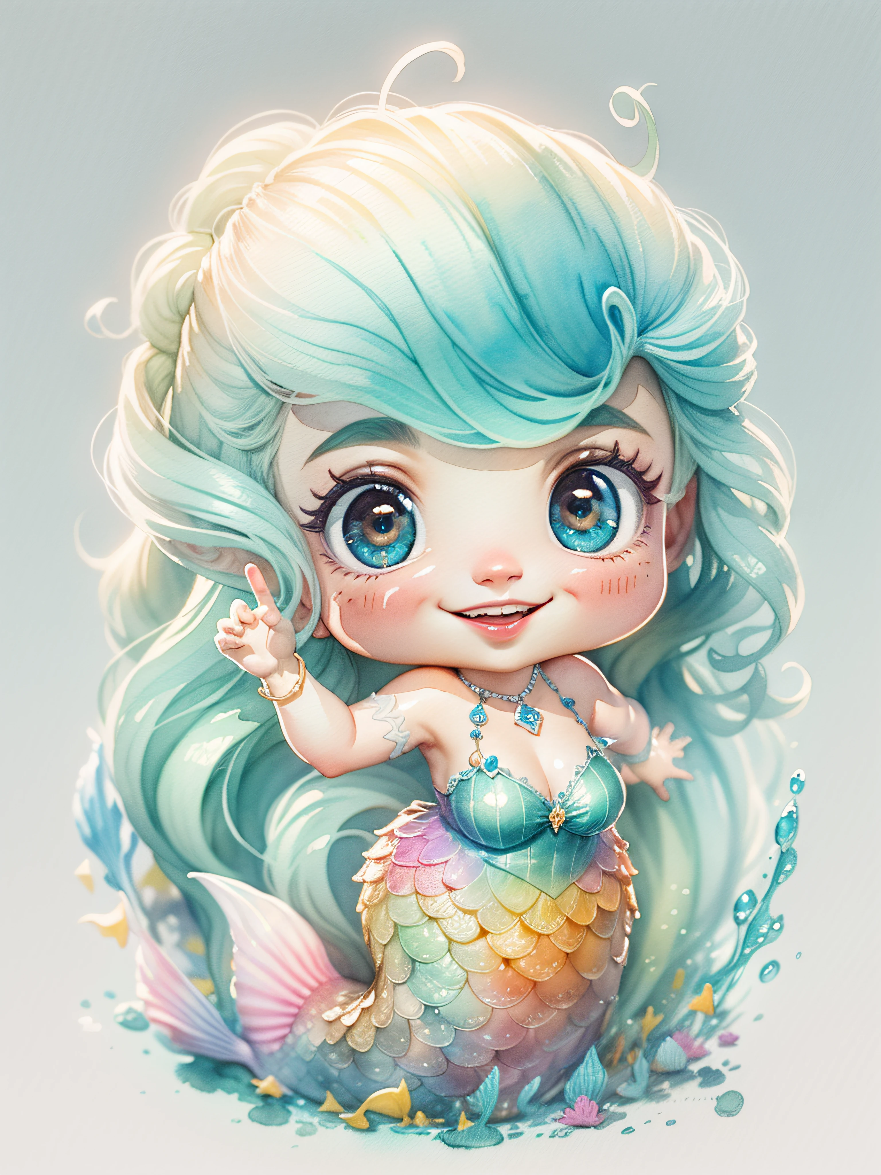 Mermaid, smile sweet, cute, chibi, ((watercolor)), best quality, highly detailed clean, masterpiece, isometric, two-dimensional, character design, digital painting, 8K resolution, octane render, (white background)