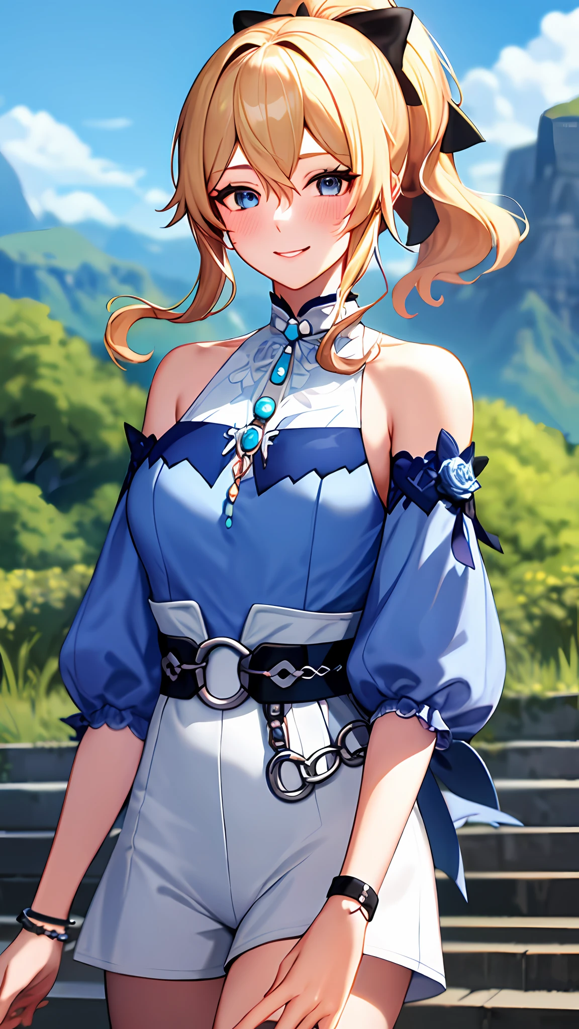 jeanseabreeze, upper body, smile, blush, outdoors, day, simple background, blue sky, short hair, sky, temple, looking at viewer, stairs, mountain, moody lighting,
