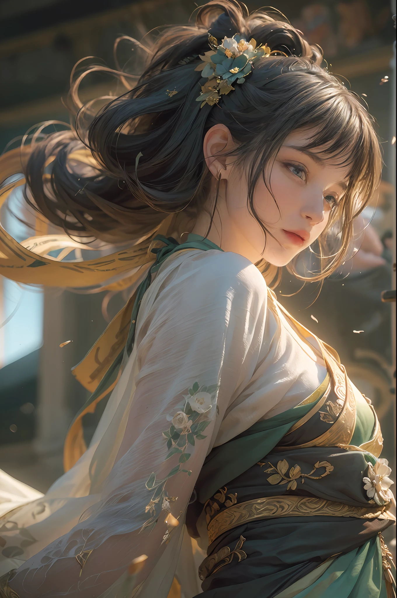 (RAW photo, best quality), (realistic, photo-realistic:1.3),best quality,highly detailed,masterpiece,ultra-detailed,illustration,1girl,upper_body,dynamic angle,world masterpiece theater,messy_long_hair,best quality,extremely detailed CG unity 8k wallpaper,ink,Amazing,cinematic lighting,lens_flare,,dunhuang_style