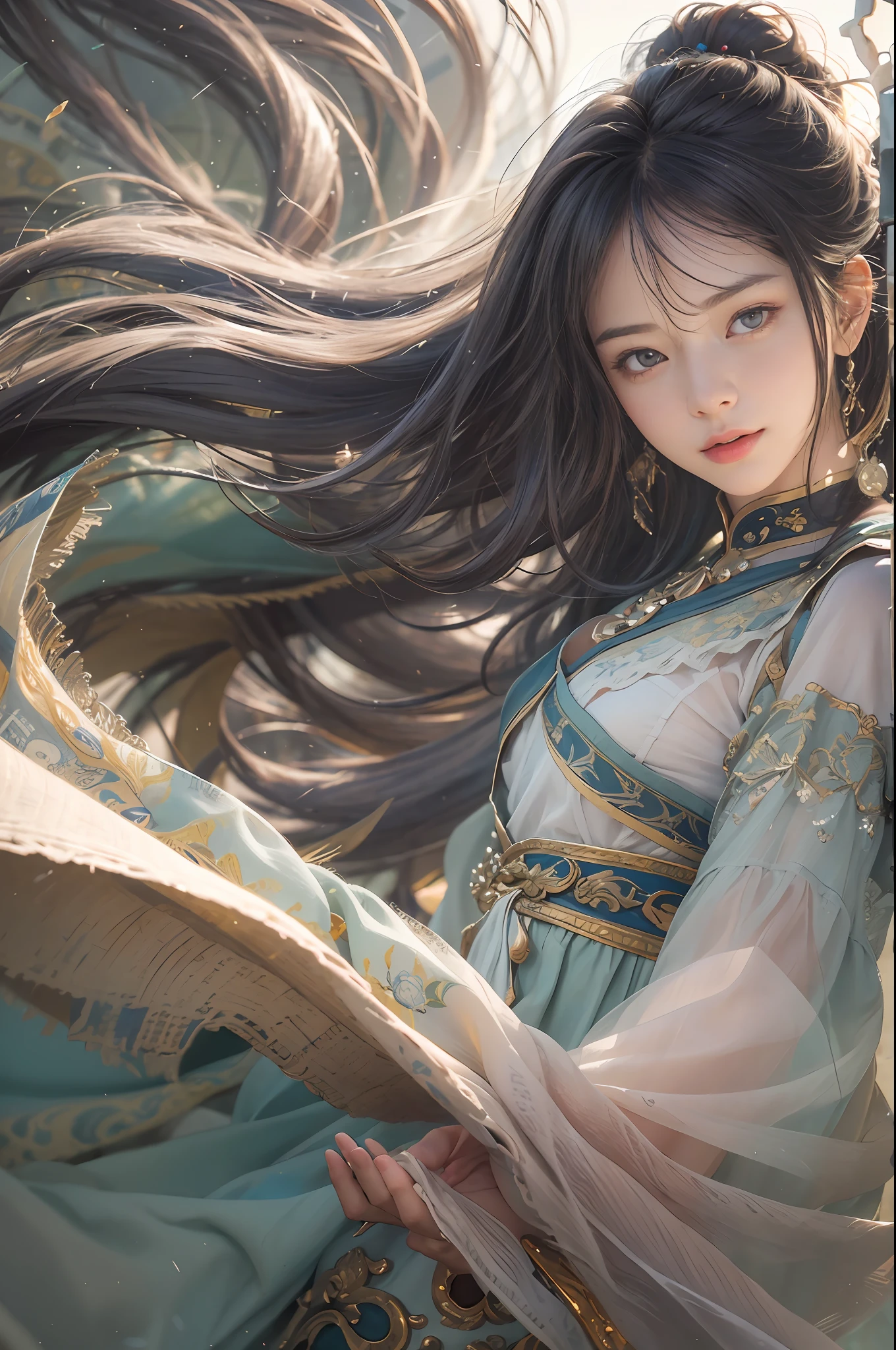 (RAW photo, best quality), (realistic, photo-realistic:1.3),best quality,highly detailed,masterpiece,ultra-detailed,illustration,1girl,upper_body,dynamic angle,world masterpiece theater,messy_long_hair,best quality,extremely detailed CG unity 8k wallpaper,ink,Amazing,cinematic lighting,lens_flare,,dunhuang_style