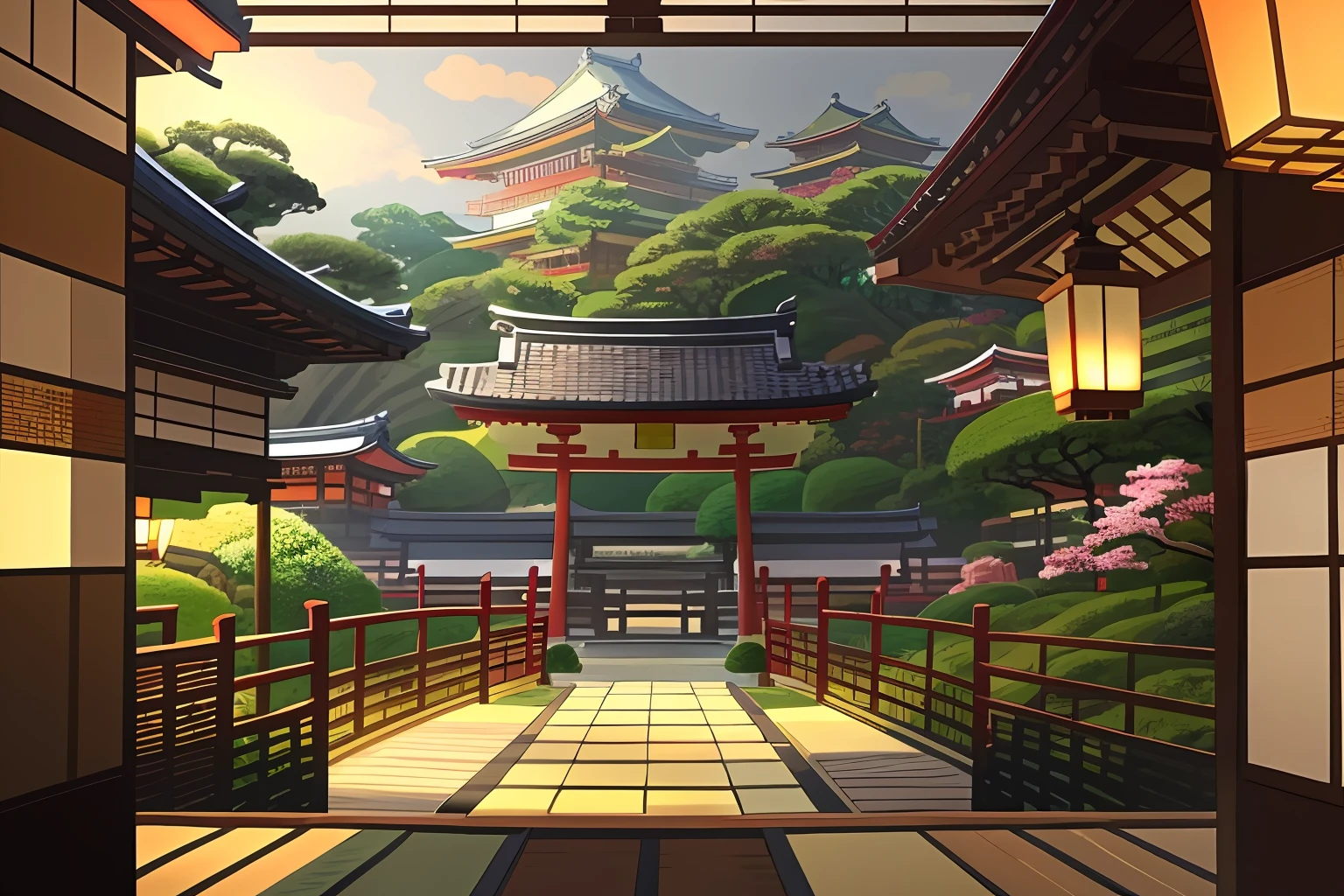 There is a painting of a Japan garden with lanterns, Anime Background Art, detailed scenery —width 672, anime scenery concept art, japanese art style, zen temple background, Anime scenery, inspired by Tōshi Yoshida, landscape artwork, Beautiful anime scenery, japanese temples, beautiful anime scene, inspired by Torii Kiyomoto, anime beautiful peace scene