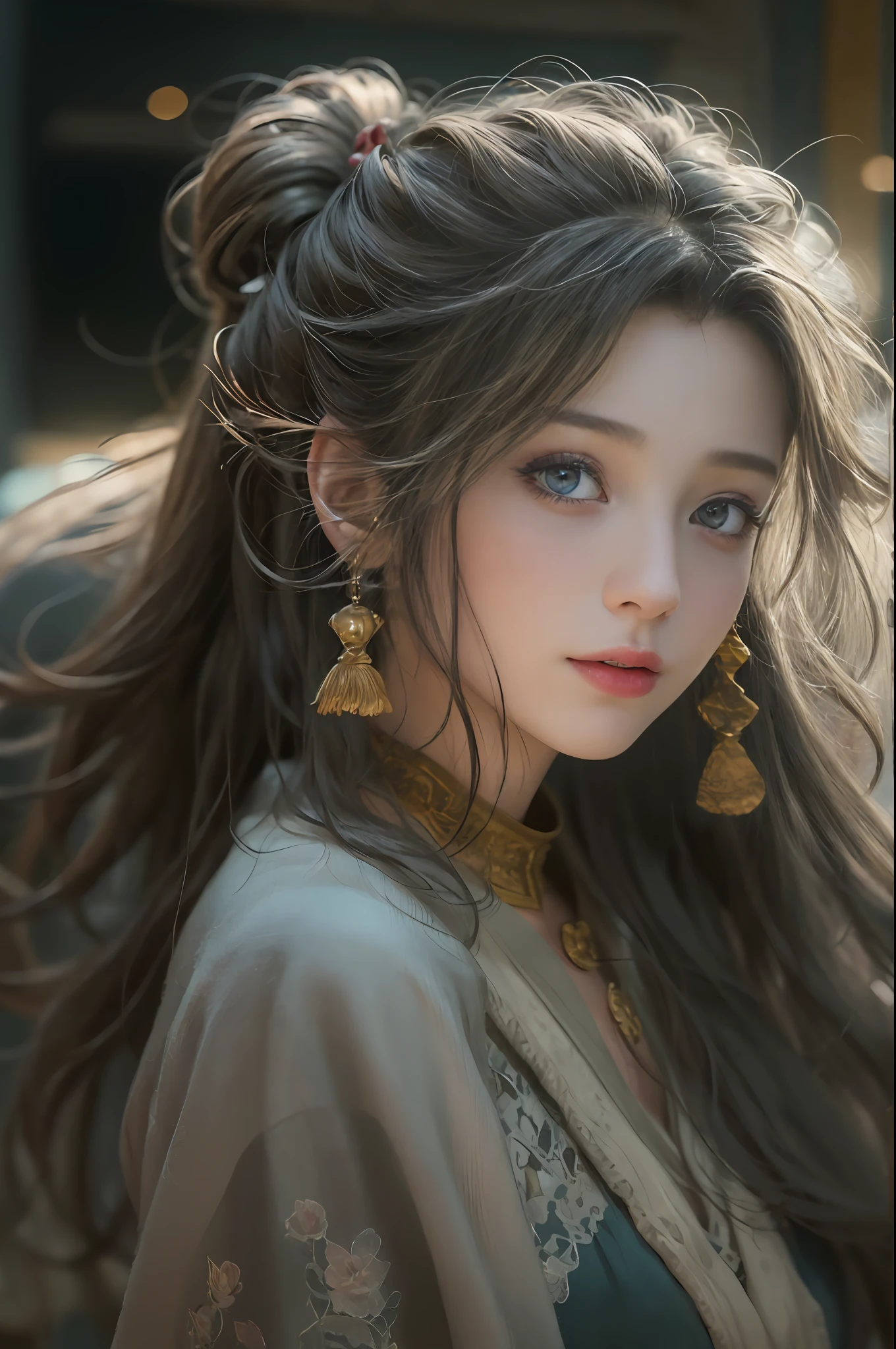 (RAW photo, best quality), (realistic, photo-realistic:1.3),best quality,highly detailed,masterpiece,ultra-detailed,illustration,1girl,upper_body,dynamic angle,world masterpiece theater,messy_long_hair,best quality,extremely detailed CG unity 8k wallpaper,ink,Amazing,cinematic lighting,lens_flare,,dunhuang_style