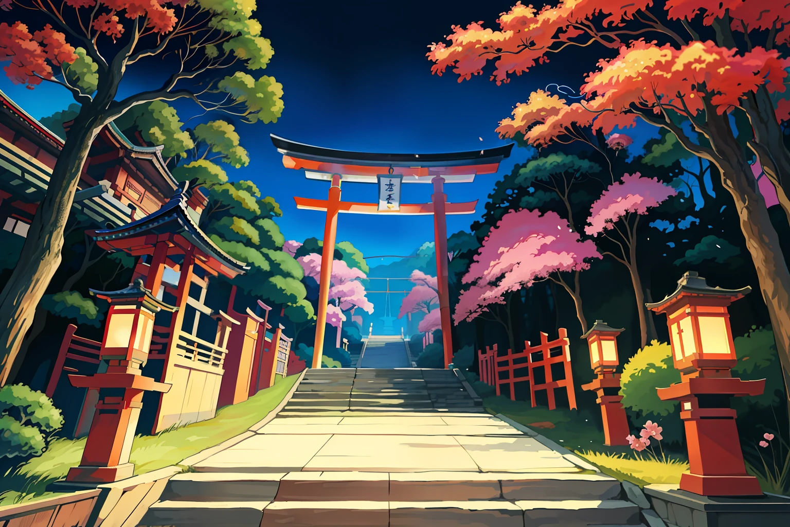 There is a painting of a Japan garden with lanterns, Anime Background Art, detailed scenery —width 672, anime scenery concept art, japanese art style, zen temple background, Anime scenery, inspired by Tōshi Yoshida, landscape artwork, Beautiful anime scenery, japanese temples, beautiful anime scene, inspired by Torii Kiyomoto, anime beautiful peace scene