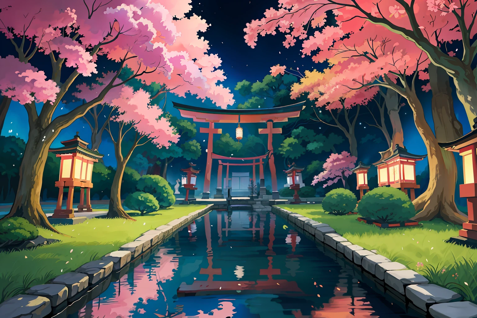 There is a painting of a Japan garden with lanterns, Anime Background Art, detailed scenery —width 672, anime scenery concept art, japanese art style, zen temple background, Anime scenery, inspired by Tōshi Yoshida, landscape artwork, Beautiful anime scenery, japanese temples, beautiful anime scene, inspired by Torii Kiyomoto, anime beautiful peace scene