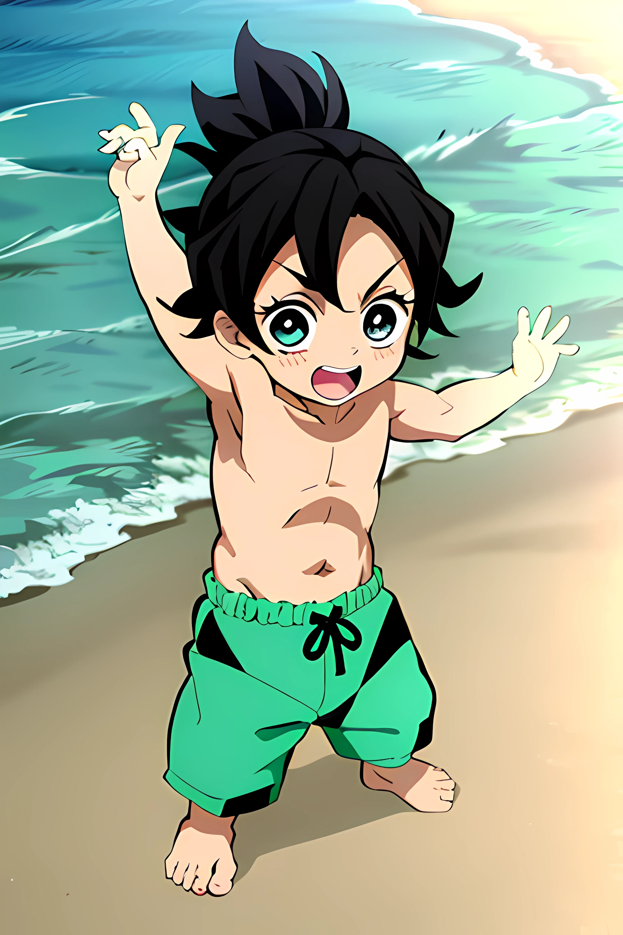 kimetsu no yaiba style,  boy, playing on the beach, black hair, anime coloring, ((masterpiece))