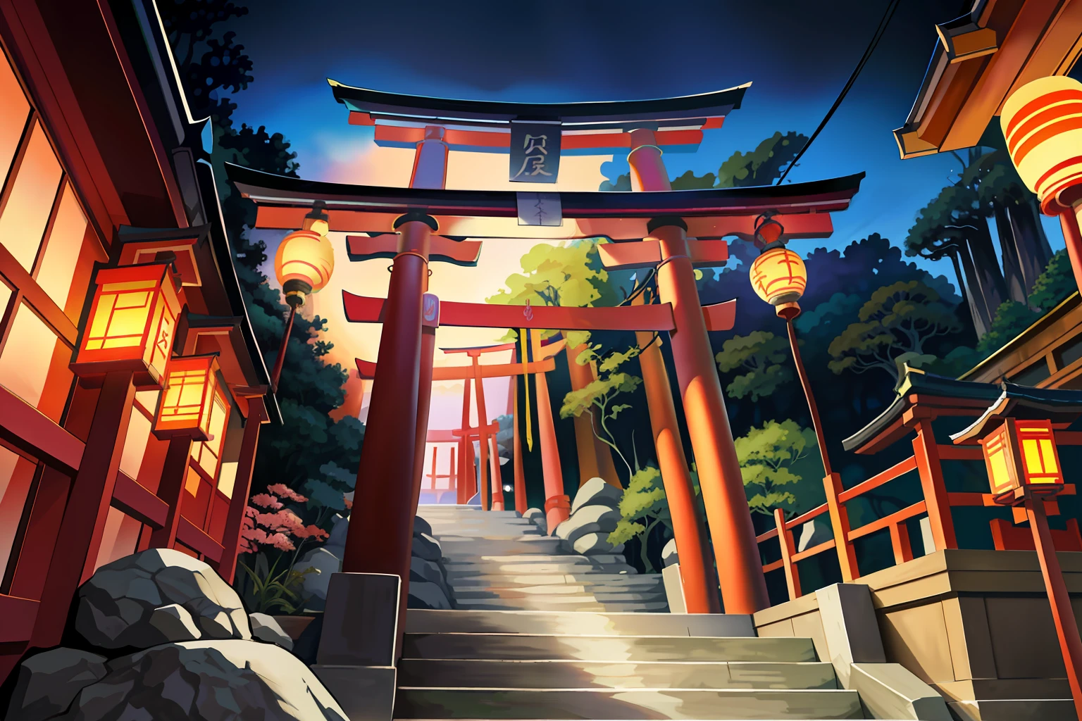 There is a painting of a Japan garden with lanterns, Anime Background Art, detailed scenery —width 672, anime scenery concept art, japanese art style, zen temple background, Anime scenery, inspired by Tōshi Yoshida, landscape artwork, Beautiful anime scenery, japanese temples, beautiful anime scene, inspired by Torii Kiyomoto, anime beautiful peace scene