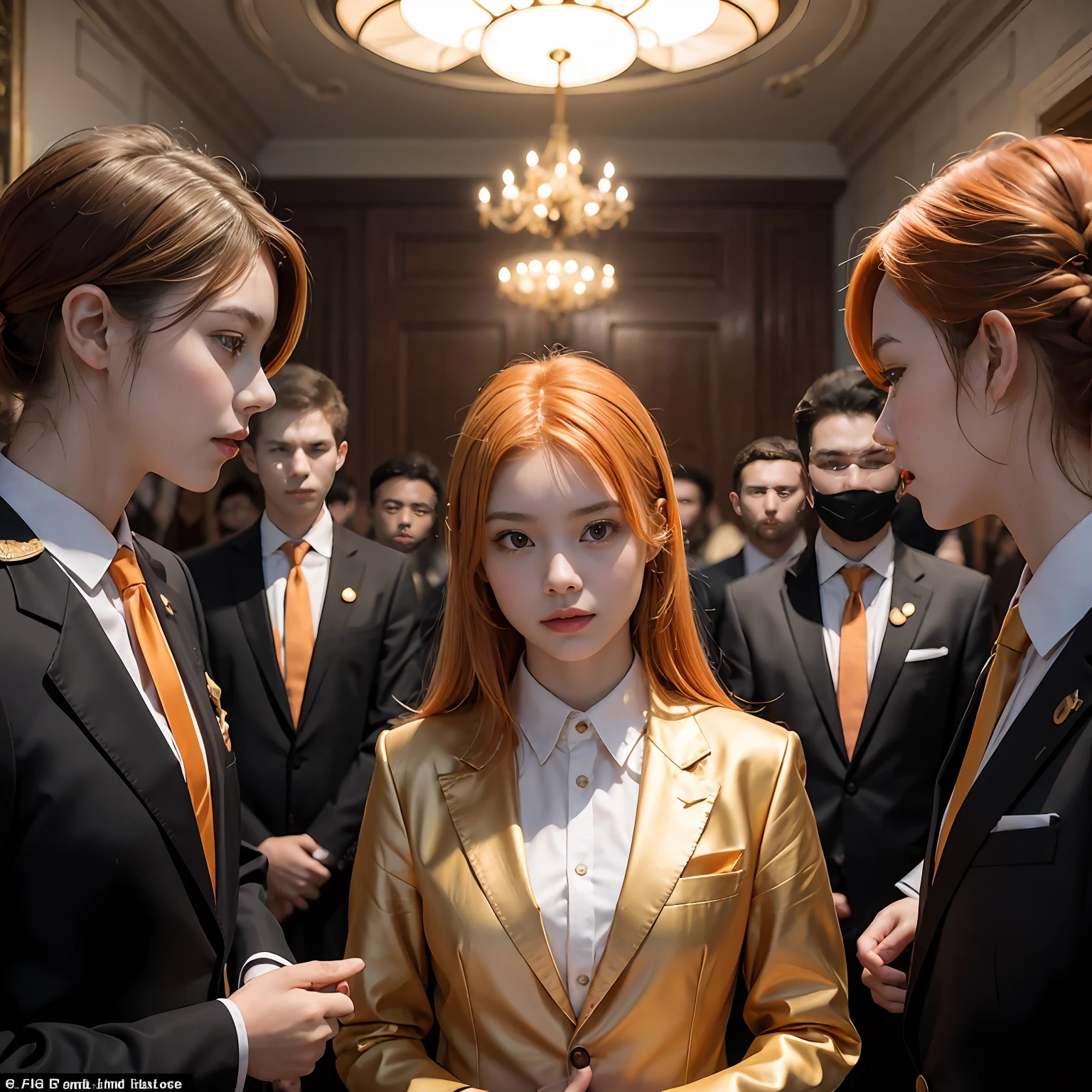 A group of -yelds iaining trained in ilera have orange hair and orange eyes and wear elegant gold etiquette suits..