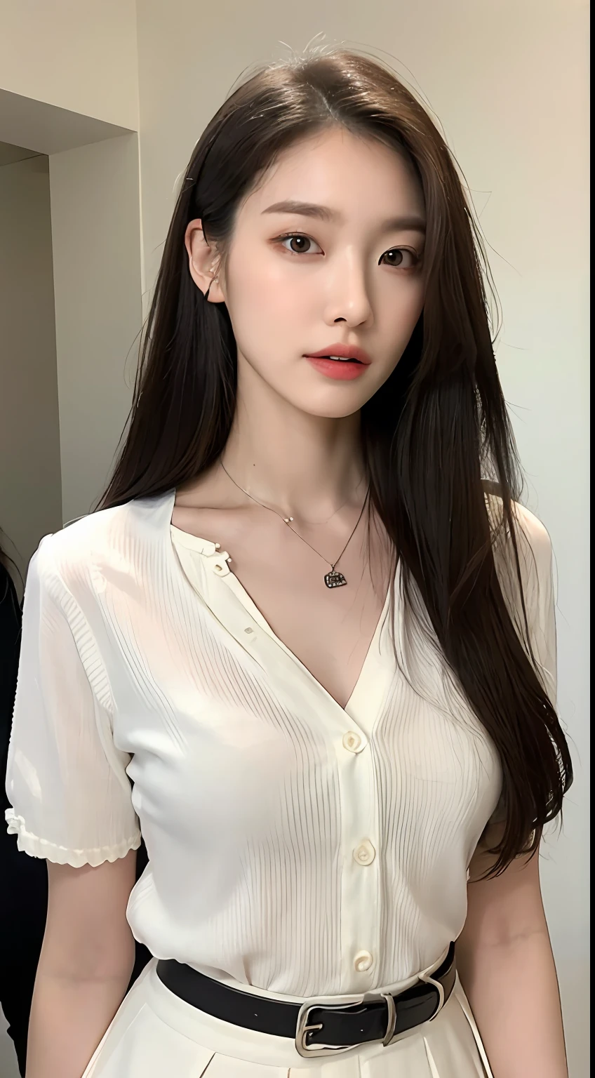 (highest quality, high resolution, masterpiece: 1.3), braless, bare skin-fitting shirt, tall and cute woman, big, slender abs, breasts, wearing pendant, white button-up shirt, belt, black skirt, (modern architecture in the background), exquisitely rendered details on face and skin texture, detailed eyes, double eyelids,