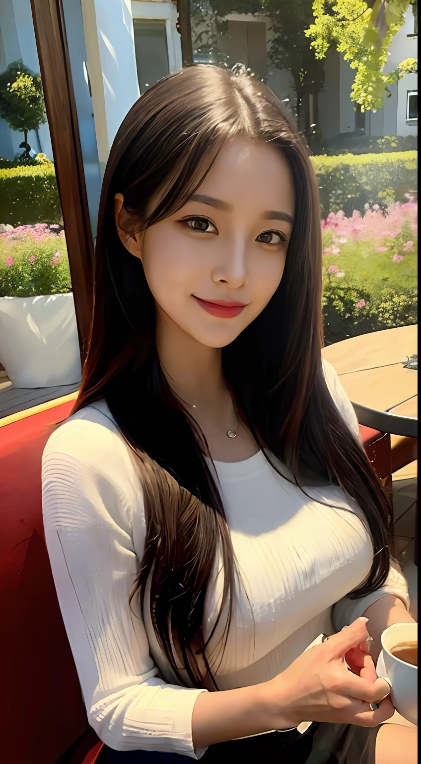 Ultra detail, high resolution, (realistic, realistic:1.4), 8k, (best quality), physical-based rendering, realistic photography, professional color grading, highest quality, ((highest quality)), ((masterpiece)), ((realistic)), Portrait of a woman with long straight hair sitting in a cozy café enjoying a cup of coffee. The painting captures the warmth and atmosphere of the environment with soft lighting. Artist Vincent Van Gogh brings his distinctive impressionist style to life through vibrant and dynamic lighting. The medium used is oil on canvas, which ensures high-quality detailed expression. It is rich in color and expressive, creating realistic and captivating scenes. This masterpiece depicts the serenity and beauty of its subjects, capturing the moment perfectly. Eye level, scenery, masterpieces