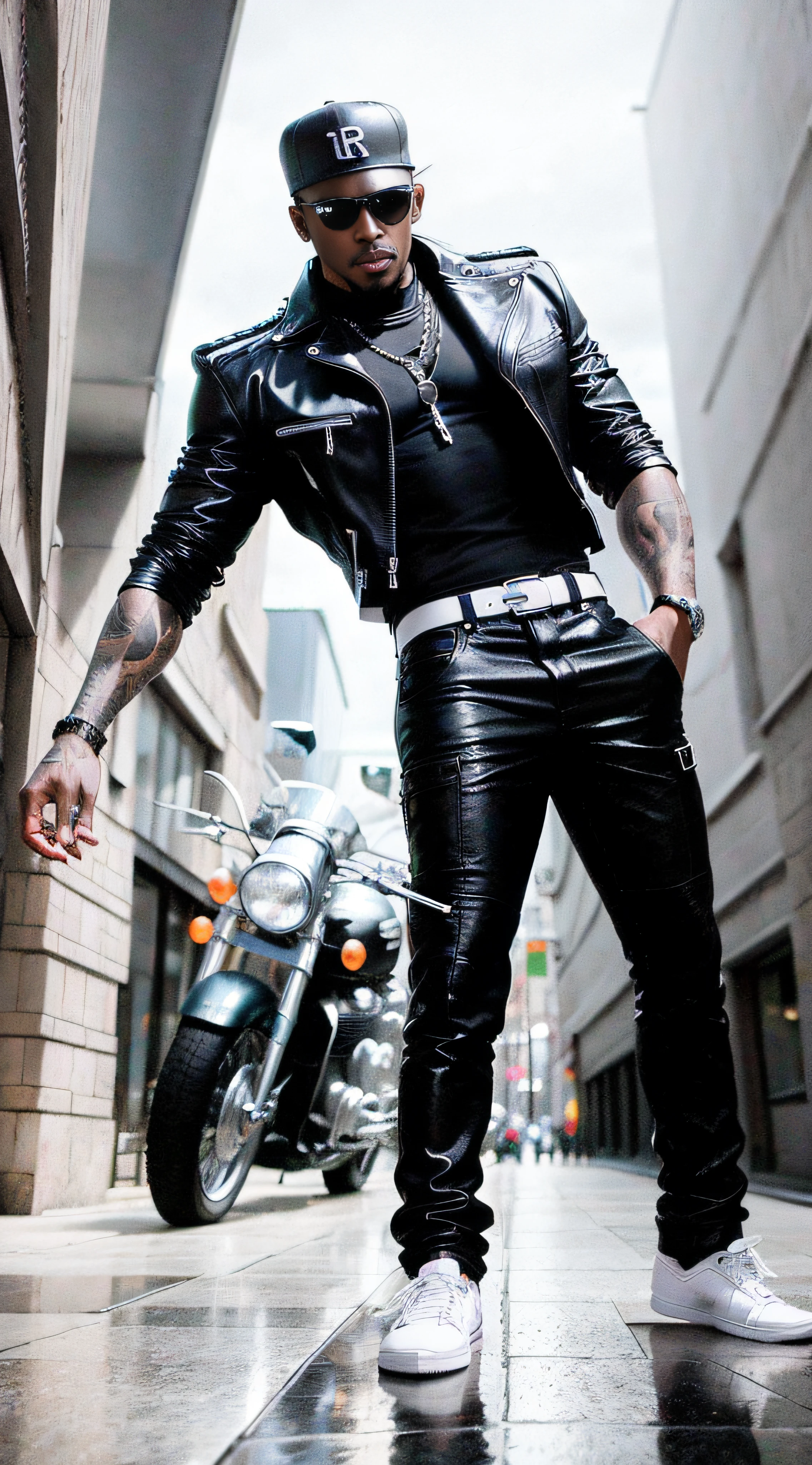(Masterpiece) highly quality, extreme details, Epic urban scene : un homme noir costaud, Dressed in hip hop clothes, Rides a big vintage motorcycle along the coast with admiring looks.