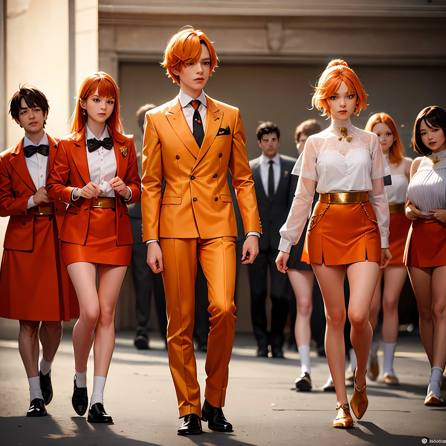 A group of 15-year-olds in training trained in ilera have orange hair and orange eyes and wear elegant gold etiquette suits.