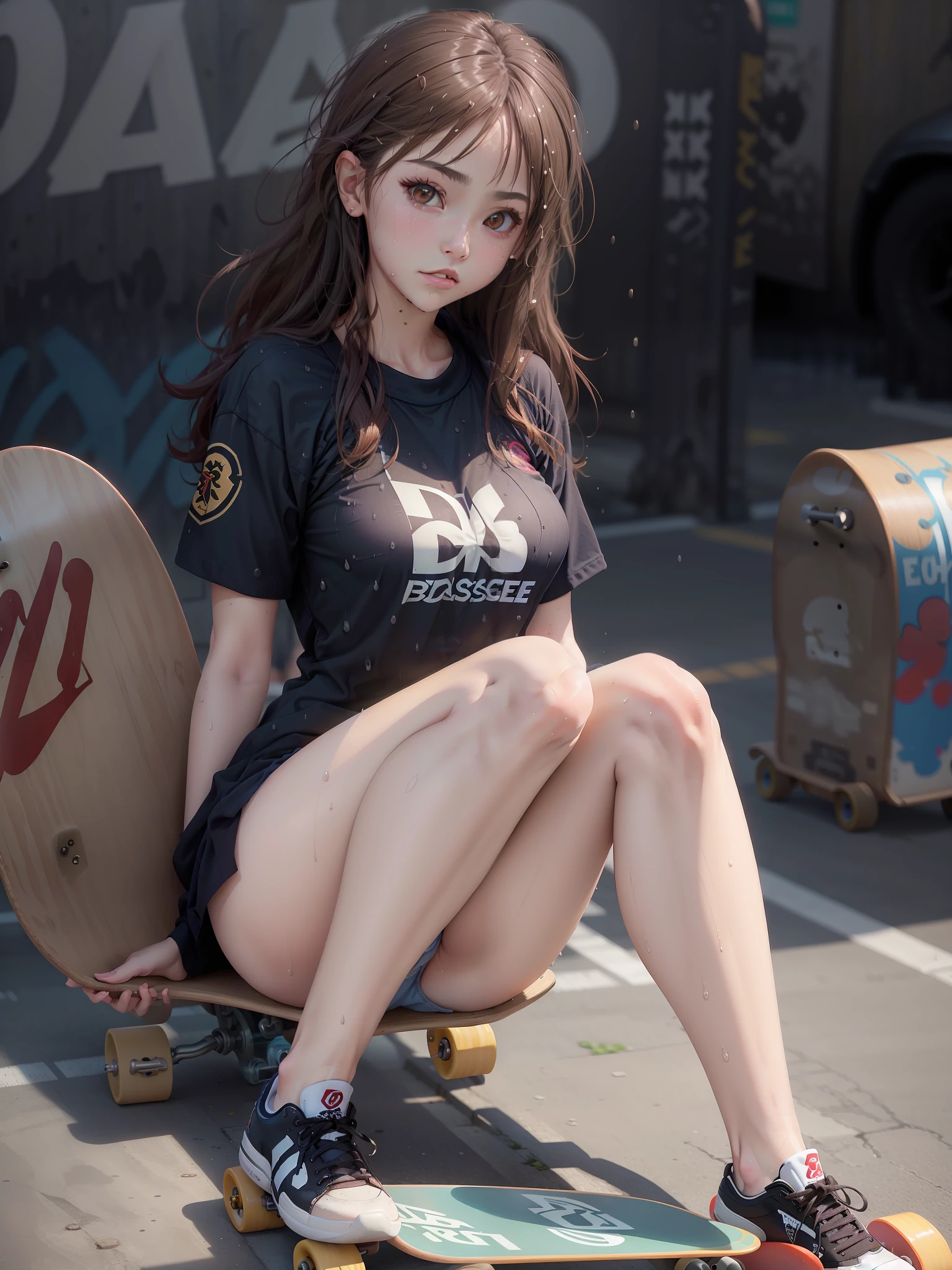 ((masutepiece)),((High resolution)), Dramatic Lighting, Sharp Focus, 16k UHD,
Ultra-realistic detailed photo,1beautiful girl,skateboard Uniform,age girl, symmetrical large eyes,small head,Large breasts,,wet skins sweat,nice legs,skateboard venue,Solo,sporty,