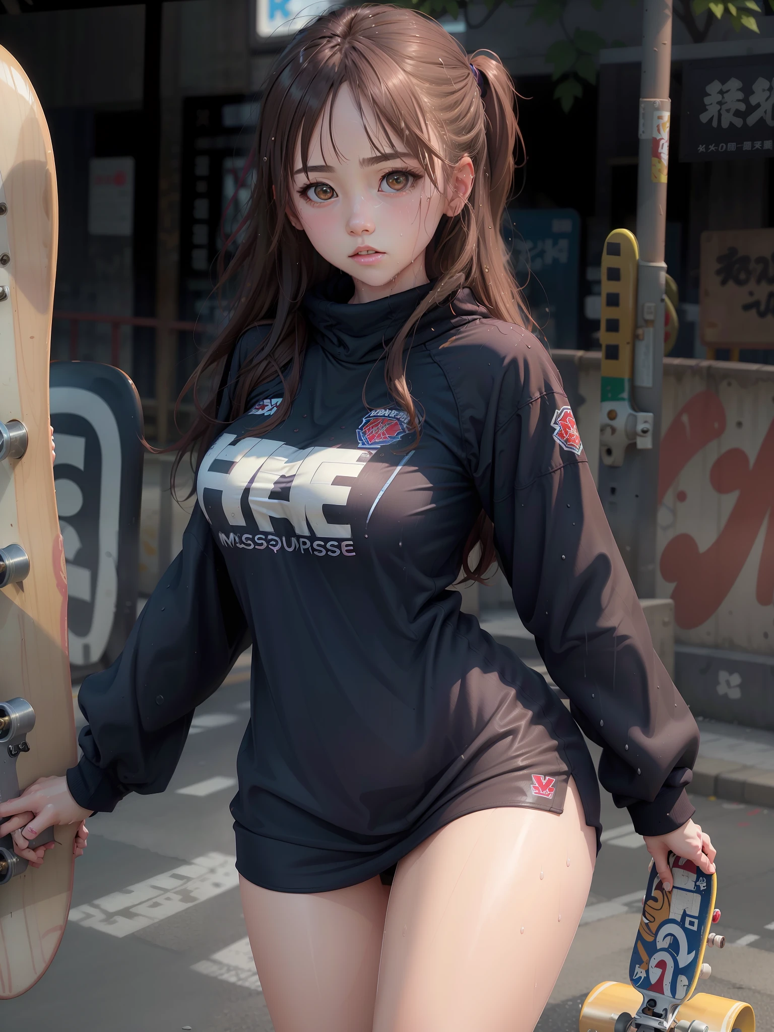 ((masutepiece)),((High resolution)), Dramatic Lighting, Sharp Focus, 16k UHD,
Ultra-realistic detailed photo,1beautiful girl,skateboard Uniform,age girl, symmetrical large eyes,small head,Large breasts,,wet skins sweat,nice legs,skateboard venue,Solo,sporty,