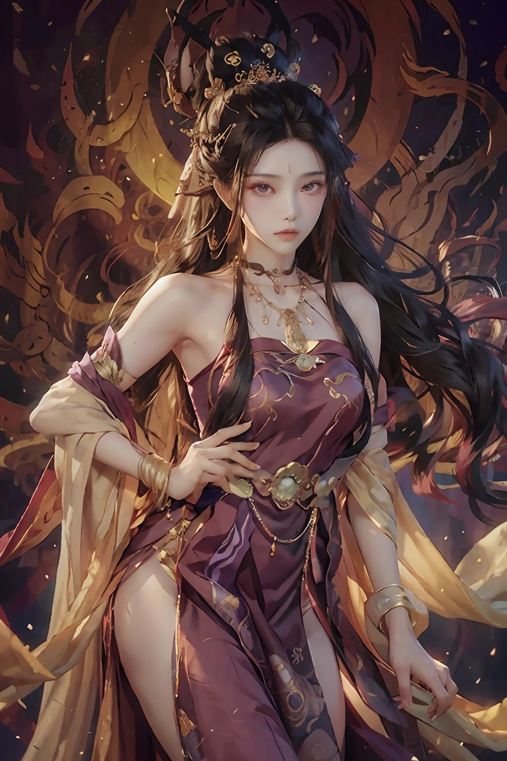 Close-up of a woman with long hair in a purple dress，Brunette warrior，Belle peinture de personnage，flowing hair and long robes，Yang J，Long black hair，cabelos preto e longos，Guviz，Guviz-style artwork，Yukienna's glare，Anime figure，Zeng Jing，Ancient folding fan，hair adornments， choker necklace， jewely， beauitful face， after sexing_Body