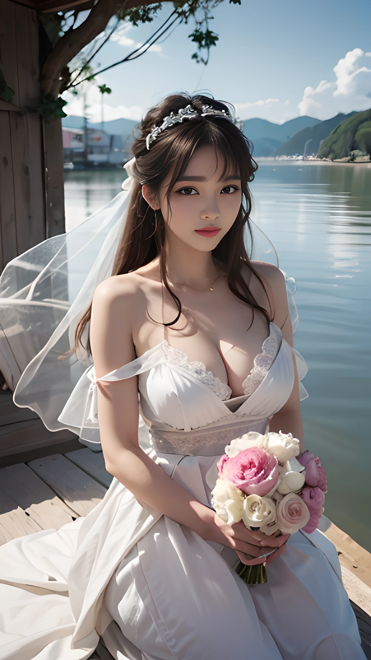 tmasterpiece, Best picture quality, high high quality, Beautiful woman, jpn, Popular Korean makeup, A detailed, Swollen eyes, Detailed eyes, Detailed skin, Beautiful skin, 超A high resolution, (Realistis: 1.4), Very beautiful, Slightly younger face, Beautiful skin, Slim, (Ultra photo realsisim), (illustratio), (A high resolution), (8K), (The is very detailed) (Most Best Illustration), (Beautiful detailed eyes), (ultra-detailliert), (the wallpaper), (Detailed face), looking at viewert, finely detailled, Detailed face,pureerosfaceace_V1,Smiled,Staring straight ahead,Staring straight ahead,From the angle of waist up,photograph of-realistic,Bright lights,profesional lighting,Brunette hair(some of hair part green),long whitr hair,Dark ruins,Big Red Moon,Mature woman,Long fashion bangs,