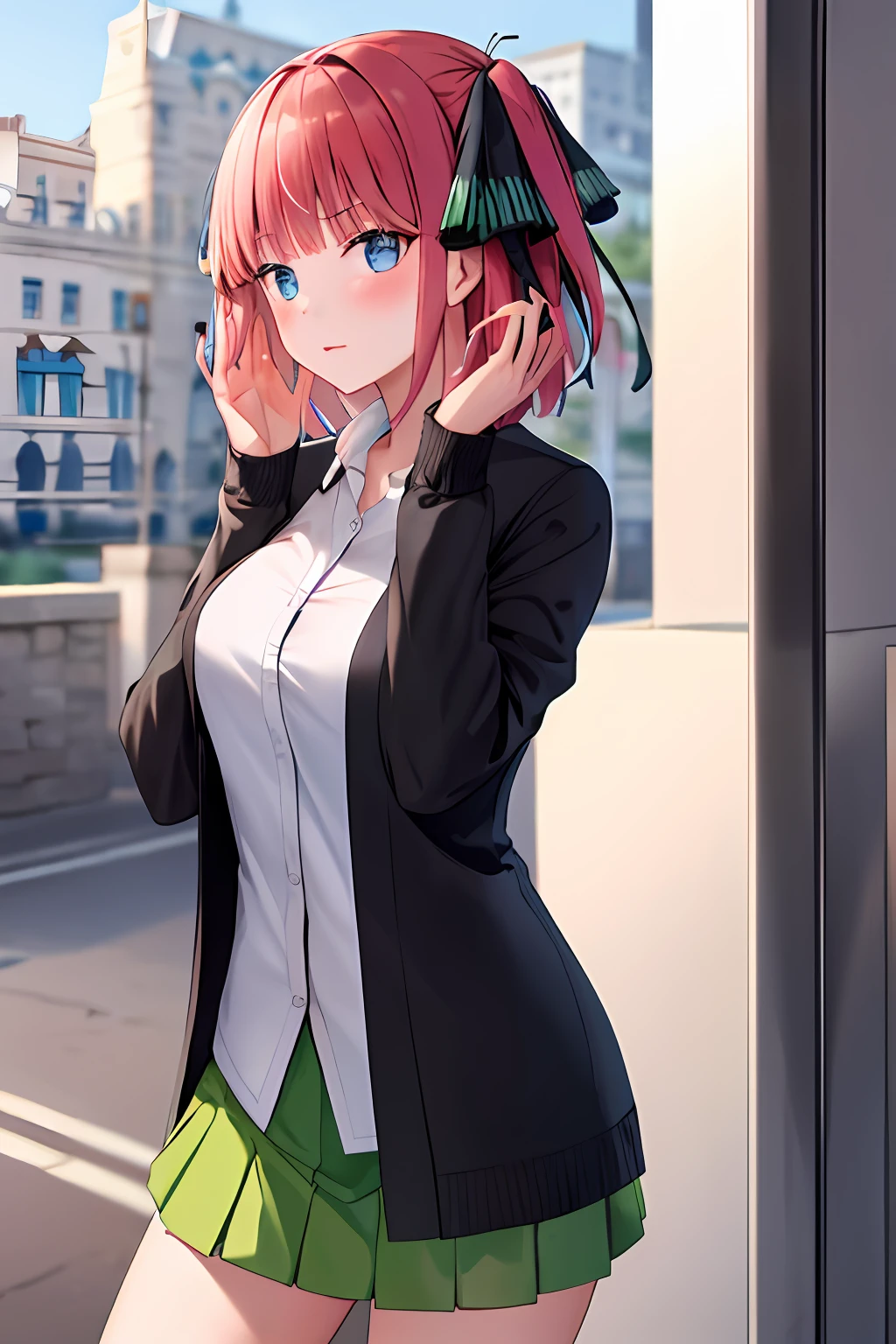 masterpiece, top-quality, Hi-Res, nn1, 1girl, Hair Ribbon, short-hair, Green skirt, white shirt(Transparent), Black cardigan, Open clothes, white thighhig, long-sleeve, cowboy shot, is standing, wave her hand,