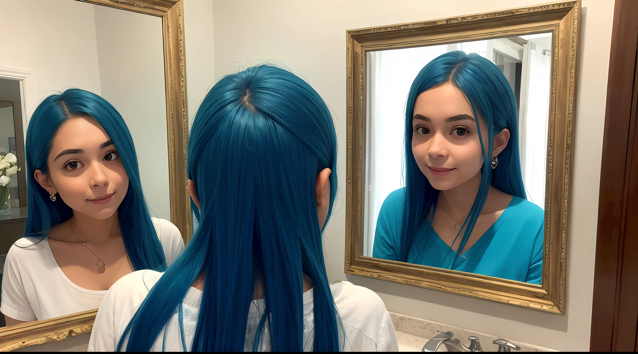 person looking in the mirror and seeing their own most luminous reflection. super realista. tons de azul