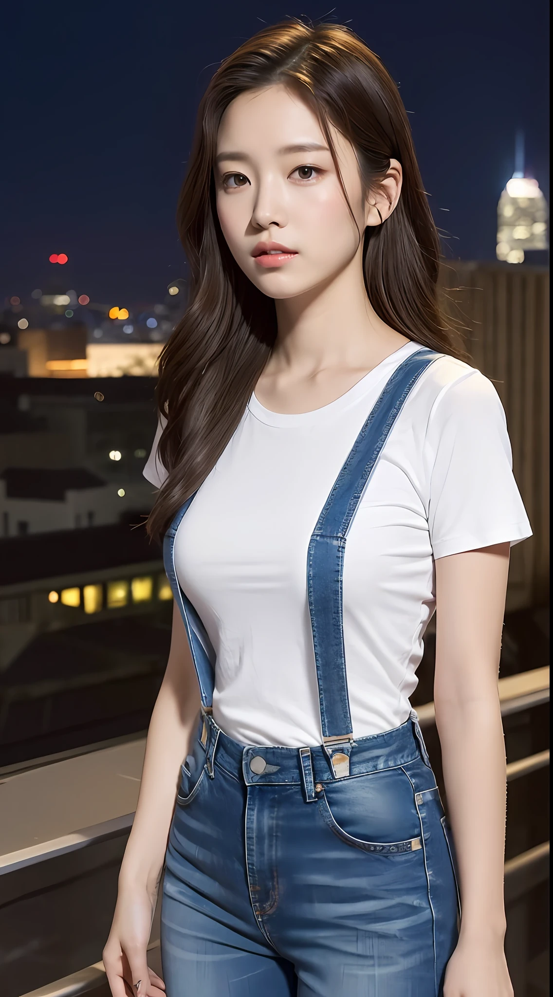 ((Midnight, Acura, 8K, Masterpiece: 1.3)), Full body, Long legs, Focal length: 1.2, Perfect Body Beauty: 1.4, Slim Abs: 1.1, ((Dark Brown Hair, Big Tits: 1.1)), (White Skinny T-shirt, Denim Suspenders, Standing: 1.2), ((City Night View, Roof: 1.3)), Highly detailed face and skin texture, Fine eyes, Double eyelids