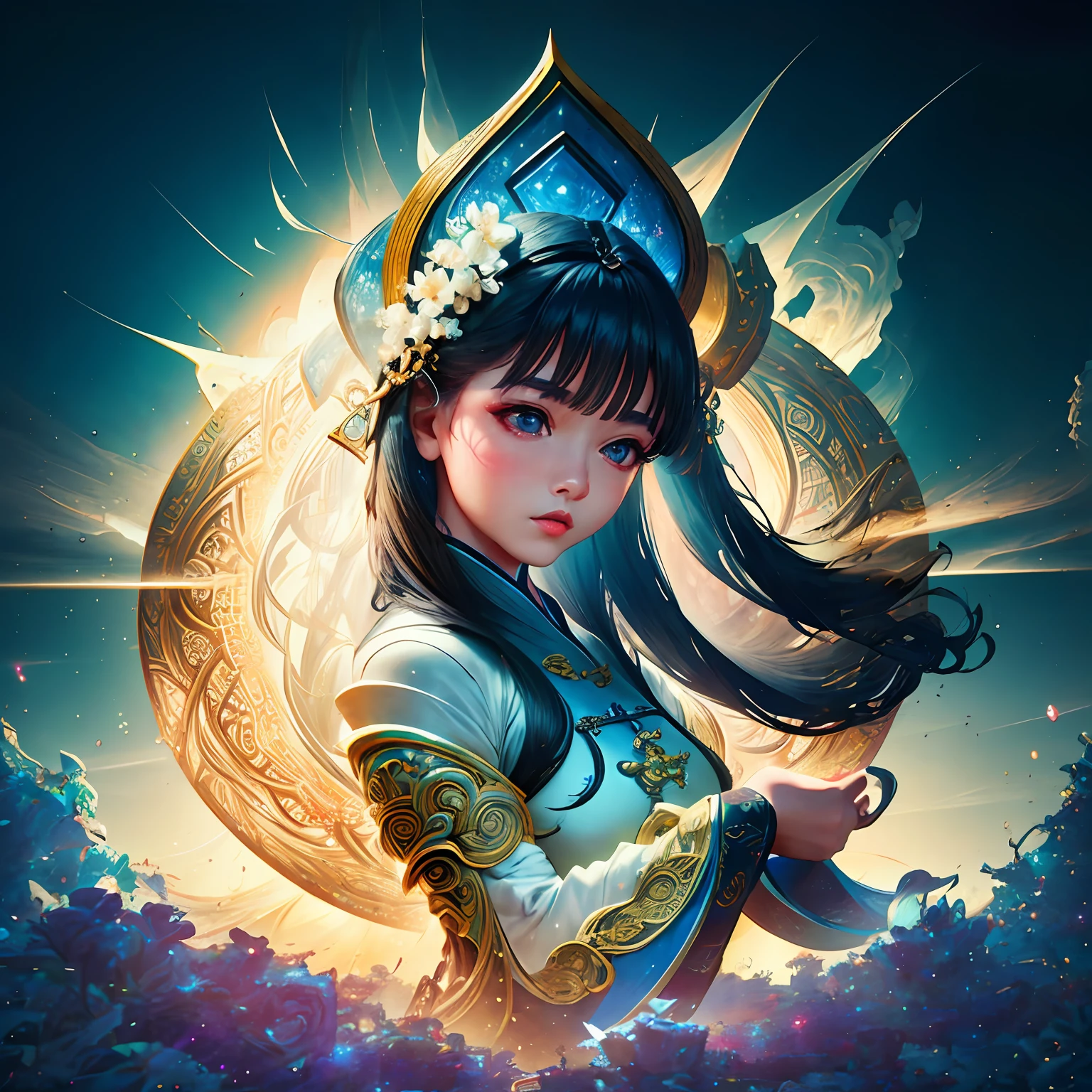 zhongfenghua, 1girl, (full body) solo, hanfu, flower field, blossom, (white smokes:1.3) (photorealistic:1.4), zentangle, mandala, entangle, official art, unity 8k wallpaper, ultra detailed, beautiful and aesthetic, masterpiece,best quality, (dynamic angle:1.4), glowing skin, (floating colorful sparkles:1) the most beautiful form of chaos, elegant, a brutalist designed, vivid colours, romanticism depth of field,