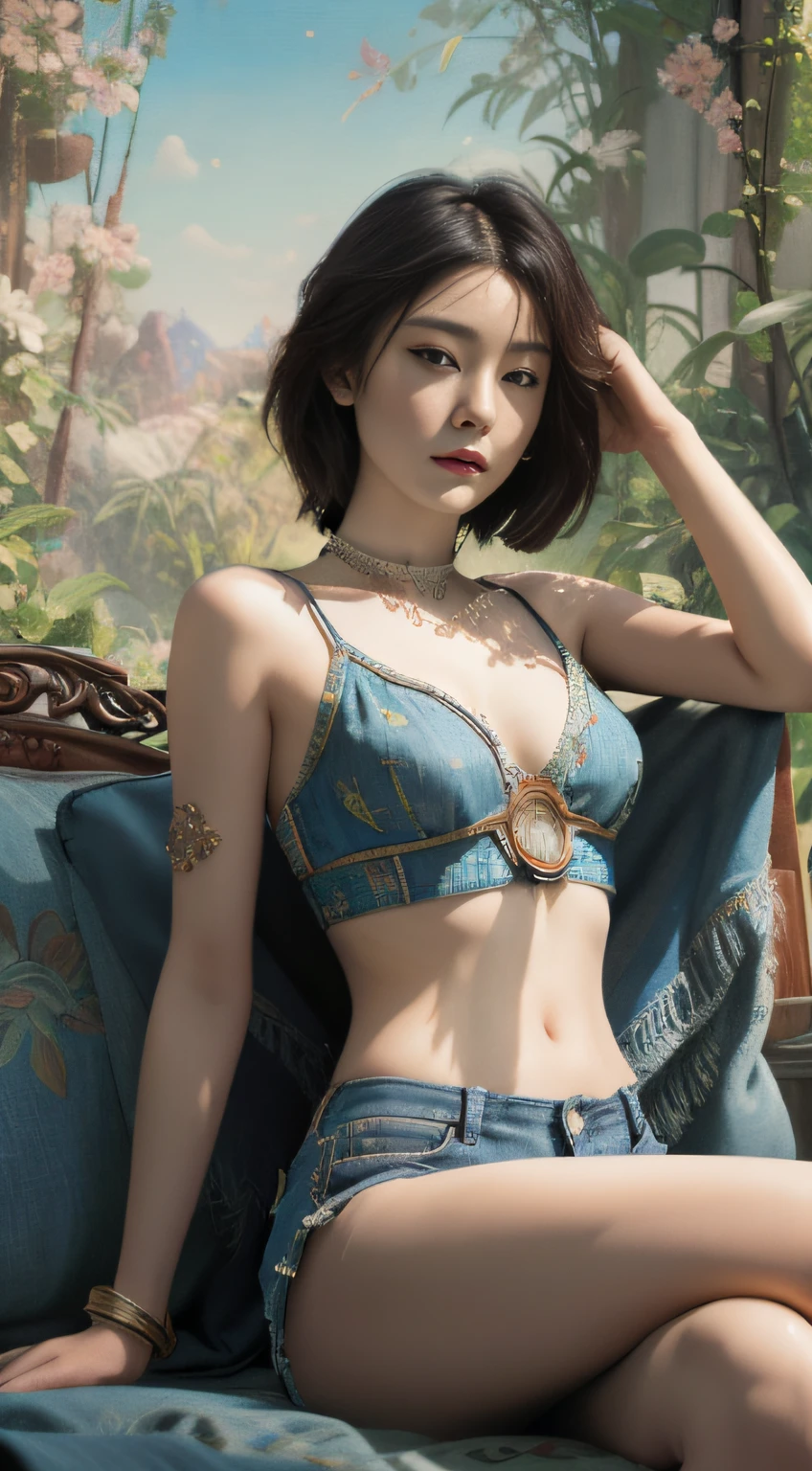 (Masterpiece, absurderes, Highly detailed:1.3), dream-state, Digital painting beauty, (Sitting, mature, Slim, Slender,) view the viewer, (Masterpiece), (Best quality:1.2), absurderes, Intricate details, skin indentation, cleavage, Huge breasts, (Highly detailed skin:1.2), (author:Alphonse Mucha Echo Chernik Megan Laura Cho Bingqiang), Sharp focus, Soft and colorful, Centered, symetry, picure, Intricate, voluminetric lighting, Beautiful, rich deep color, Ultra detailed, Digital painting, Mysterious magic, Focused, lush colors, Canon Eos 5d Mark IV and Fujifilm Superia X-TRA 400 film, (Extremely detailed oil painting:1.2), Glow effects, godrays, handpainted, Renders, 8K, rendering by octane, 4 d cinema, blender, Dark, Ultra-refined atmospheric 4K, cinematic sensual, Sharp focus, humorous illustration, great depth of field, Masterpiece, colours, 3d octane render, 4K, concept-art, trending on artstationh, Hyperrealistic, Vivid colors, Extremely detailed CG unified 8K wallpapers, trending on artstationh, trending on CGSociety, Intricate, High detail, Dramatic,1girll,Desert photography,(tee shirt),stocklings,Abdominal exudate,(denim short)(((leg loops))),Neck ring,((Wear a bracelet,choker necklace))(full bodyesbian:1.5