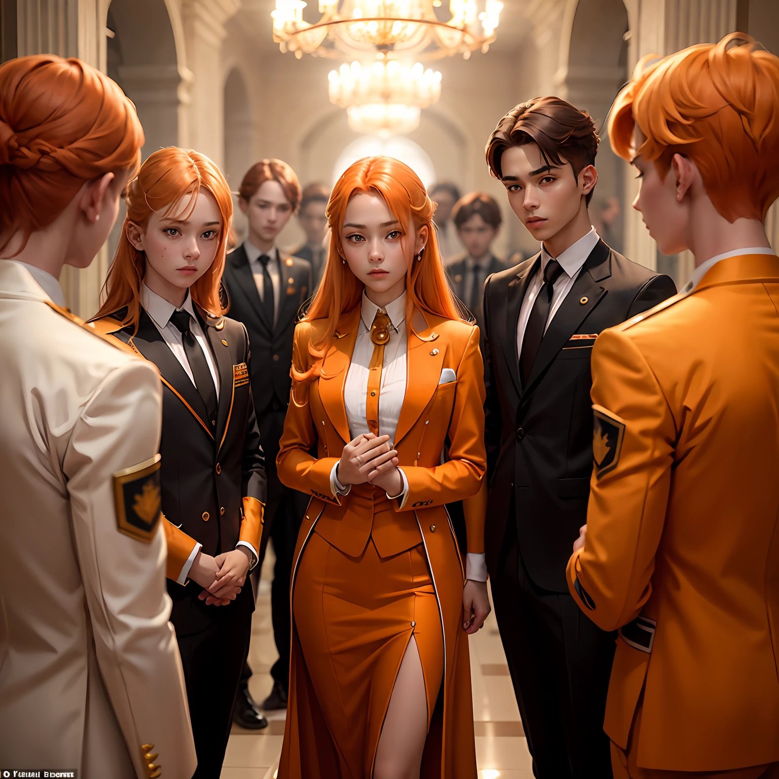 Group of young teenagers of 15 years in training trained in ilera all have orange hair and orange eyes and wear elegant gold suits of etiquette