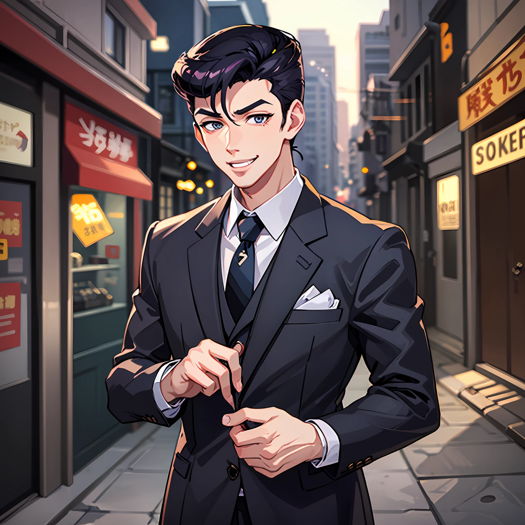 A man in a suit, Inspired by Dongfang Josuke,In quaint streets,Nodding and bowing,grin, smiley, flustered, forced smile,Detailed digital anime art,Digital anime art,High quality anime art style,scared, tearing up, turn pale, flustered, panicking, crazy