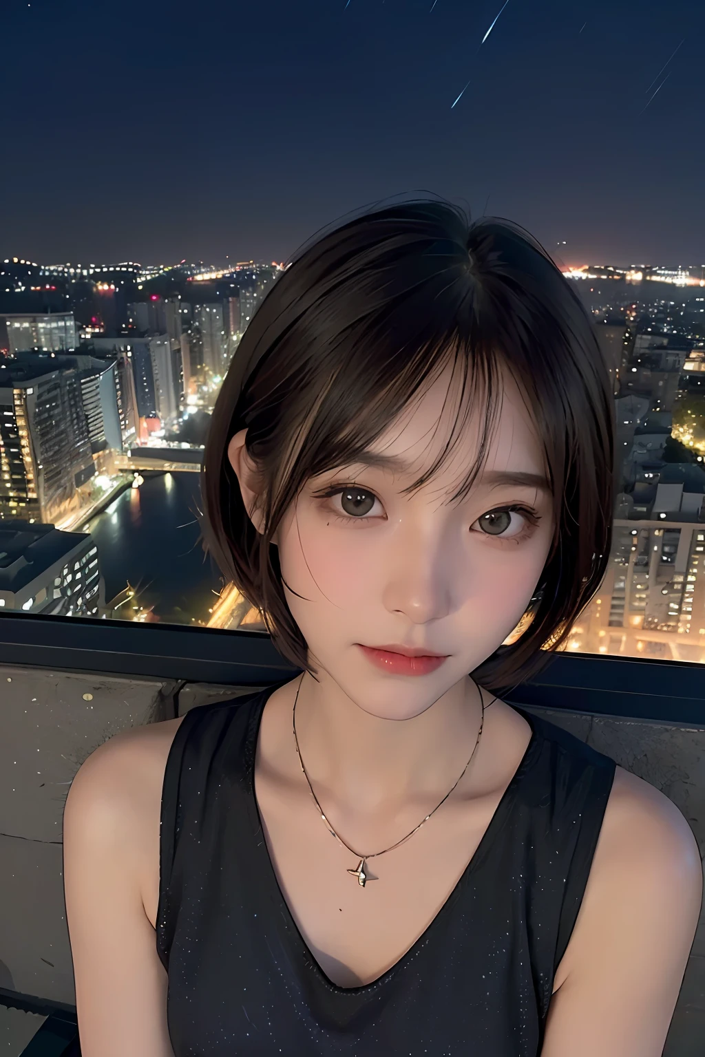 top-quality、masterpiece、超A high resolution、(realisitic:1.4)、(True skin texture:1.3)、(film grains:1.3)、the panorama、portlate、Very wide lens、a closeup、Tindall Effect、Beautiful adult woman、Beautiful detail eyes and skin、ssmile、short cut hair、Small necklace、sleeveless shirts、Night view from the roof of the apartment building at night、Flowing night clouds、city light at night、distant sea、Stars in the night sky々、