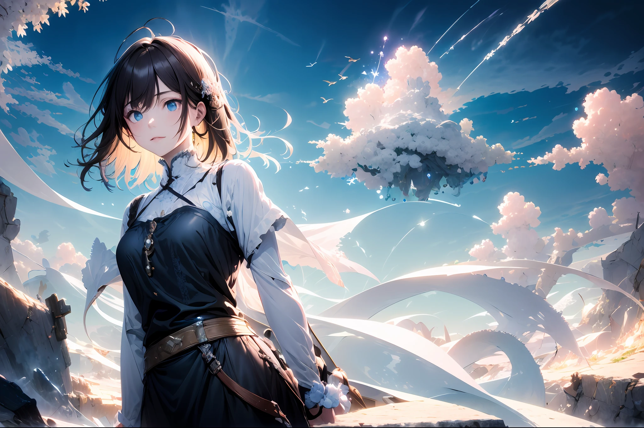 absurdres, highres, (official art, beautiful and aesthetic:1.2), close view,
shining sky, vast world, girl, gazing, awe-inspiring expression, distant horizon, clouds, high hill, natural beauty, inspiration, light effects,