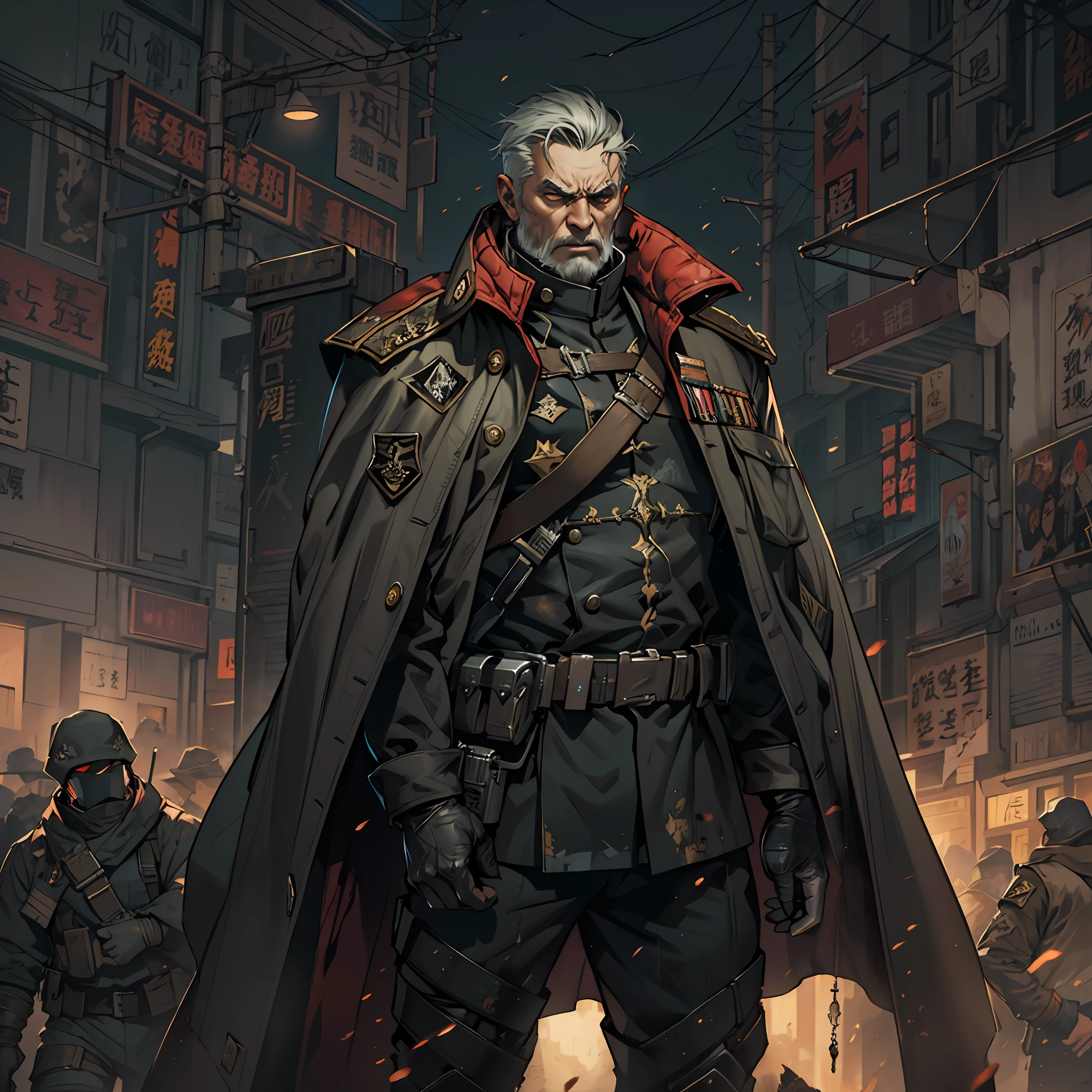 Marvel Commander、Middle Age、Old general、Uncle。Heavy and deep scenes、Majestic background、karo、feeling of despair、Stunned expression、climax、Cyberpunk-inspired details、Dark and heavy atmosphere、Premium Military Uniform、Desperate combat、Details painted with realism