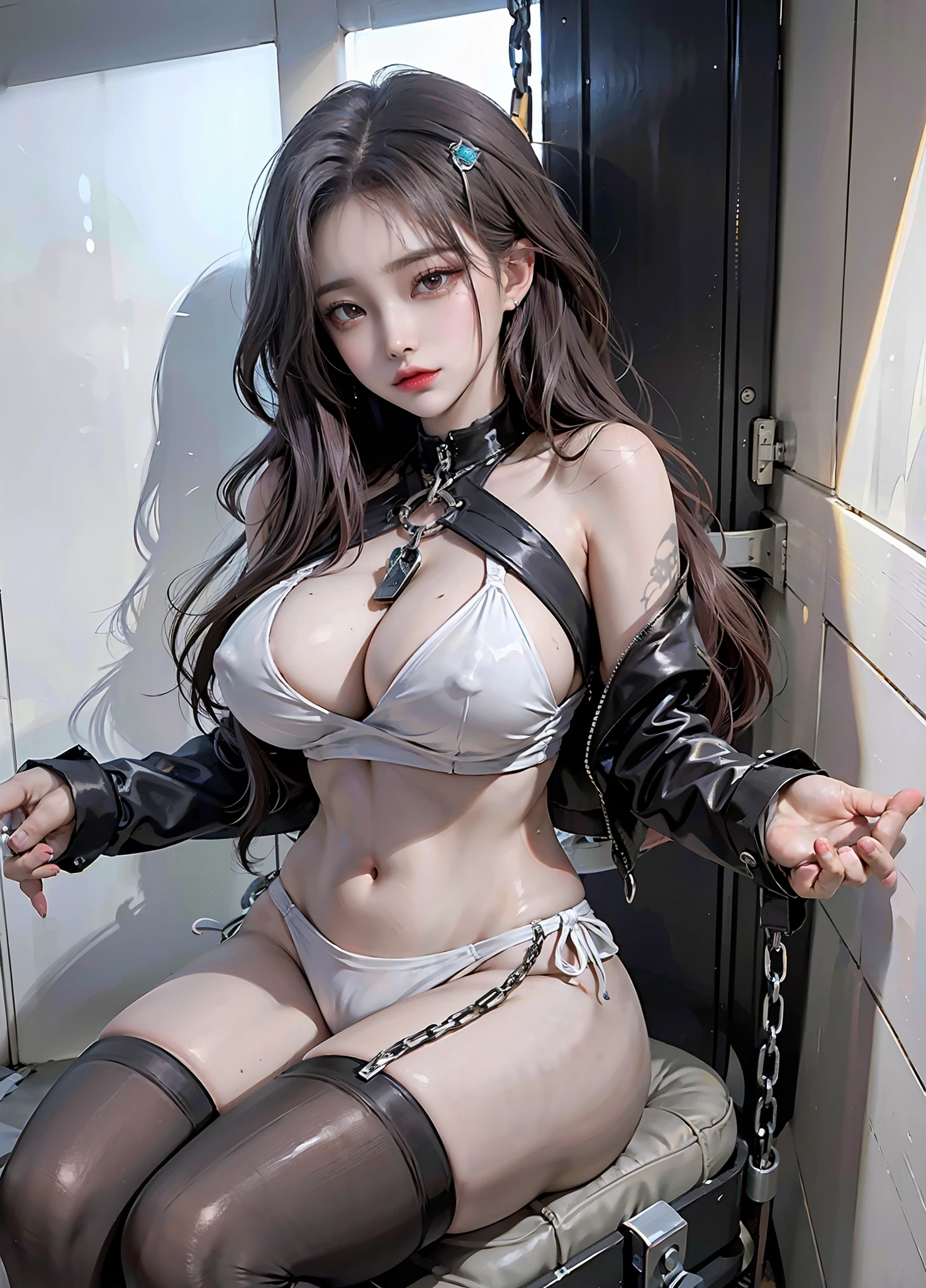 Sexy brown skin Azur Lane waifu,Giant big breasts,Curves are super thick,sixpack abs,Tied to a torture chair,Torture machine,chain,Trapped,in basement,Hostaged,nipple torture,electric chair,Sadness and crying,dreads,urinating on herself,Kidnapped,Tight(White transparent ultra-small cloth bikini,see-through thong,Open the thong vaginal run,Leucorrhoea, The blown tide revealed her breasts,camel-toe,diamond jewelly,Harajuku girl makeup, Sexy breast indentation, evoke, sfv, one-girl, 独奏, Perfect body, s the perfect face, perfect hand, Perfect Finger, Perfect lips, perfect eyes, Perfect background, perfect atmosphere, Professional quality, 8K, Perfect photography, Highest high resolution, 8K, Ray traching, perfect volumetric lighting, High-quality octane rendering, high quality vector, ultra - detailed, SAW movie scenes, Torture chamber, Clear skin, minimalistbackground, Perfect skin, no abberations