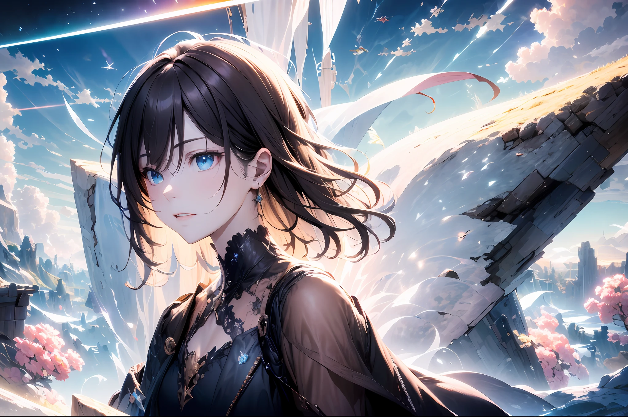 absurdres, highres, (official art, beautiful and aesthetic:1.2), close view,
shining sky, vast world, girl, gazing, awe-inspiring expression, distant horizon, clouds, high hill, natural beauty, inspiration, light effects,