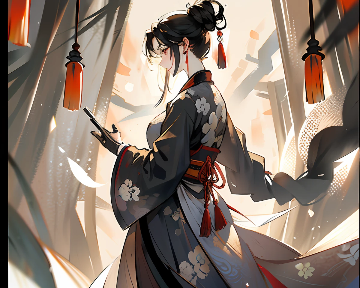 A masterpiece of negative space, Best quality:1.2, Traditional Chinese Ink Painting, Portrait of handsome man standing, Willow branches, Peaceful, Smile, view the viewer, Wear Hanfu, Hanfu, Song, Willow tree in background, wuchangshuo