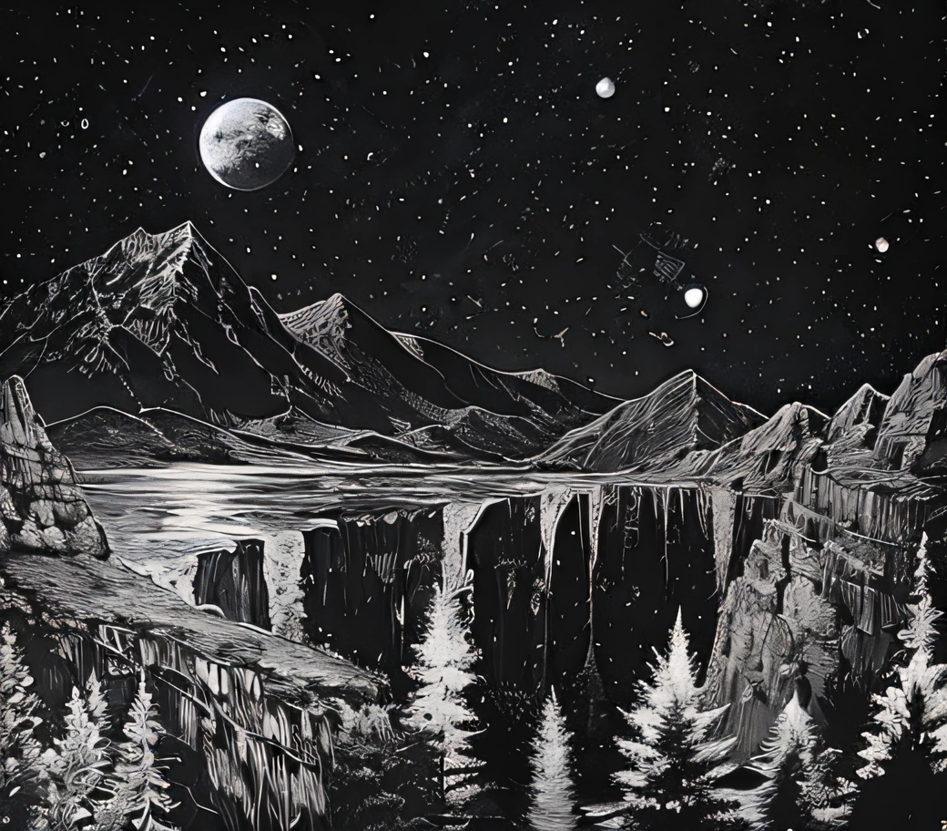 A black and white picture of mountains with lake and moon, tapestries of dreams, tapestry, detailed dreamscape, Detailed artwork, James S. ysz, Detailed cover artwork, highly detailed cover art, extremely high quality artwork, Very detailed feeling, view of the cosmos, highly detailed dark art, Very detailed background, High quality artwork, beautiful high contrast woodcut