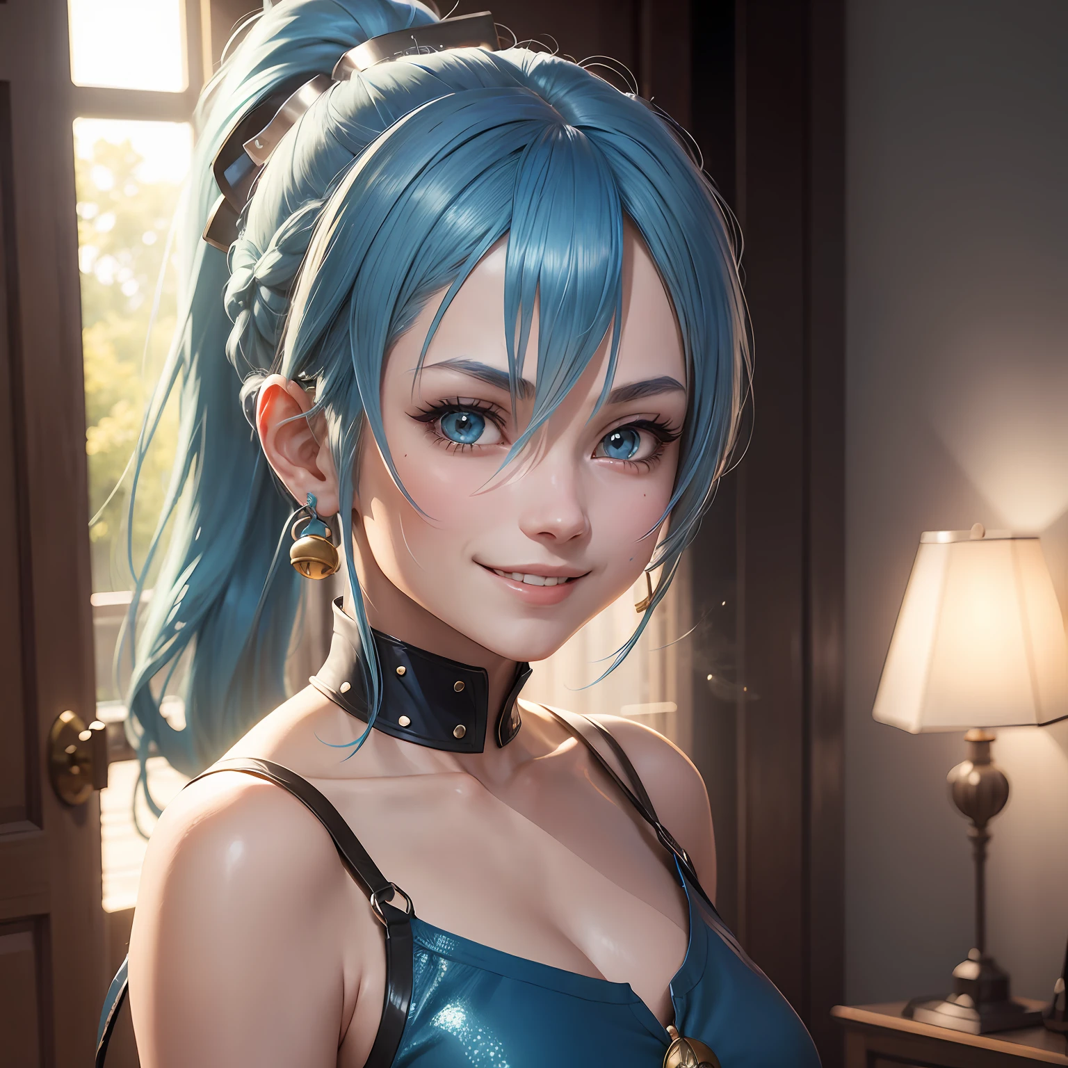 blue hair, ponytail, hair bell, light smile, anime, ray tracing, reflection light, drop shadow, textured skin, ccurate