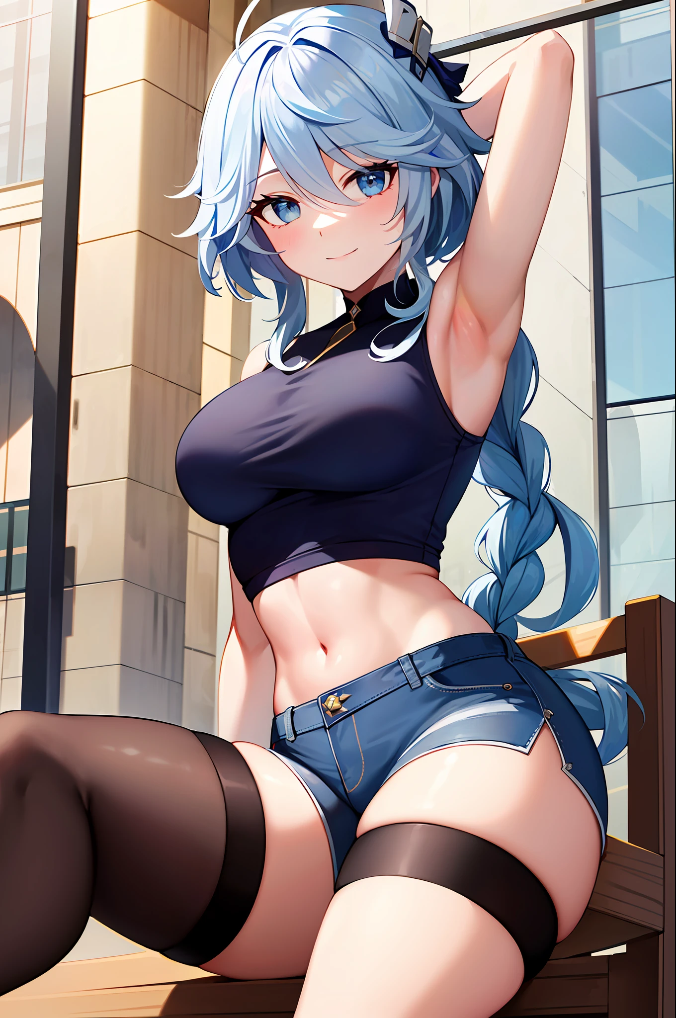 masterpiece, best quality, ultra-detailed), focalors \(genshin impact\), (blue sea hair), swept bangs, braid, braided bangs, blue eyes, blue eyes,
(wearing a t-shirt:1.2), sitting on a chair outside of caf, embracing the natural beauty, sunlight, beautiful cloudy sky, city, street, denim shorts, black stocking,
medium breasts, thick thighs, critical angle, cowboy shot, arm behind head, arm behind back, armpits, light smile, crop top, strong and seductive expressions