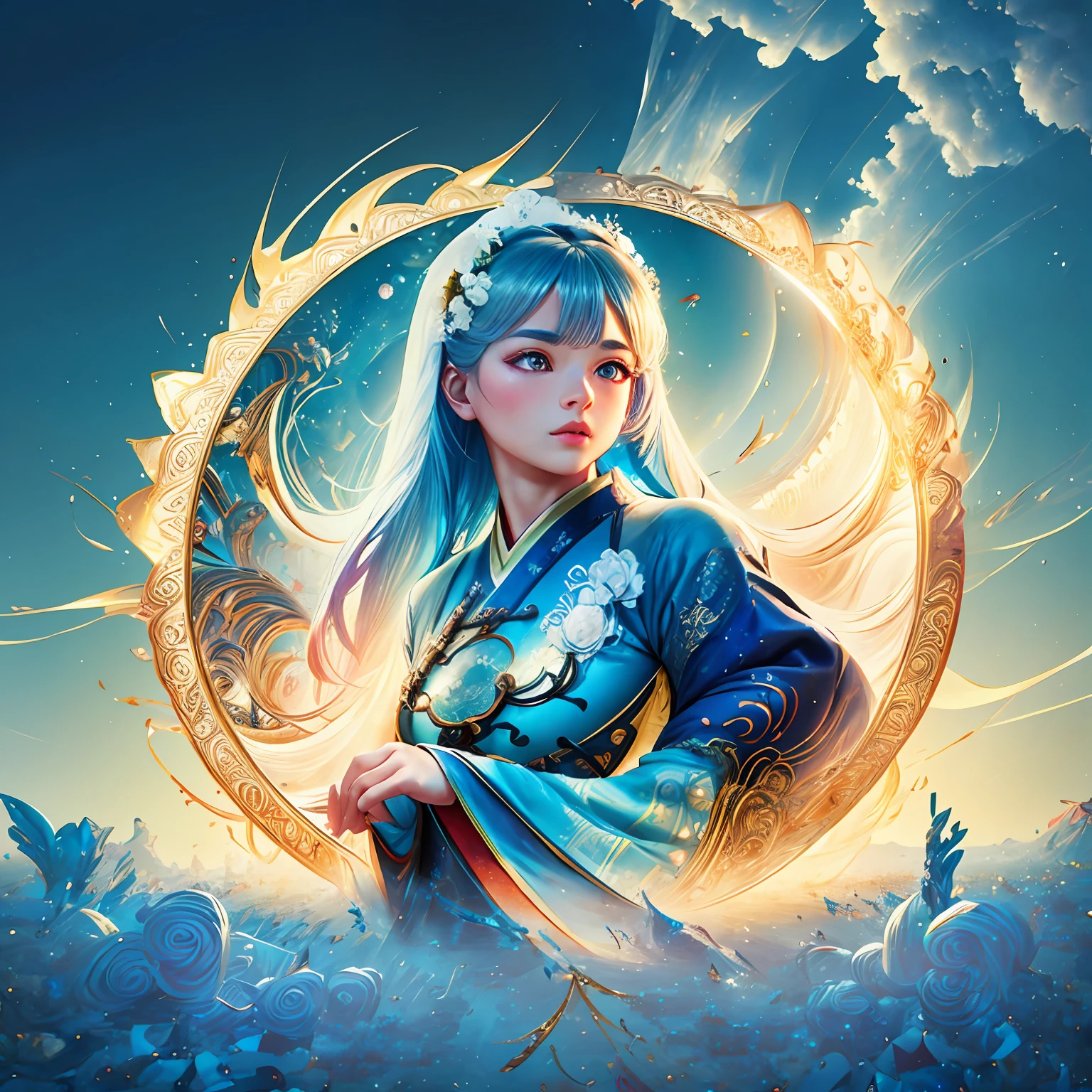 zhongfenghua, 1girl, (full body) solo, hanfu, flower field, blossom, (white smokes:1.3) (photorealistic:1.4), zentangle, mandala, entangle, official art, unity 8k wallpaper, ultra detailed, beautiful and aesthetic, masterpiece,best quality, (dynamic angle:1.4), glowing skin, (floating colorful sparkles:1) the most beautiful form of chaos, elegant, a brutalist designed, vivid colours, romanticism depth of field,
