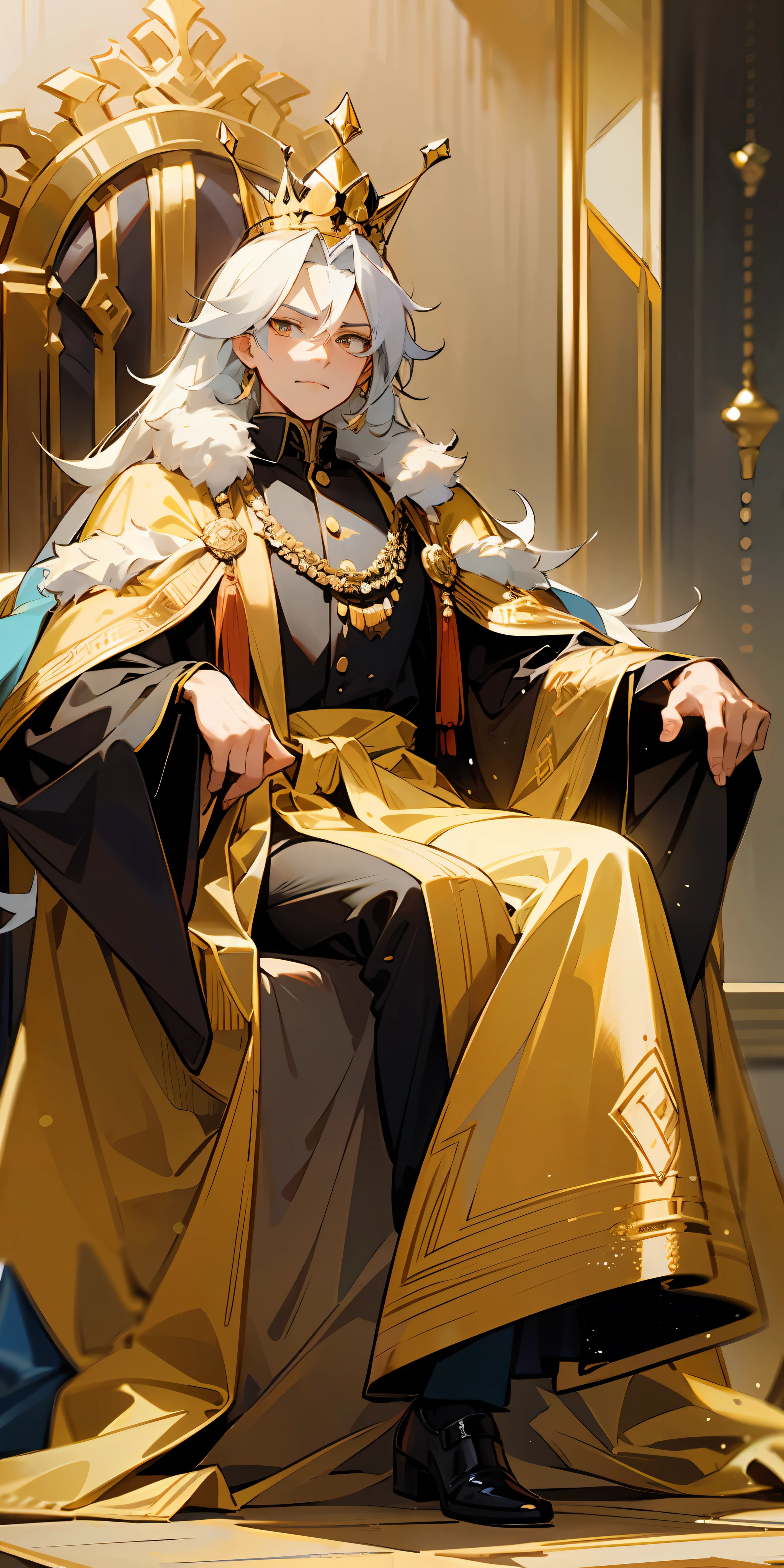 "((old King)), (elegantly dressed in western royal attire), Wise vibe, majestically seated on a golden throne, against a lavish royal wall backdrop, captured in a full body shot."