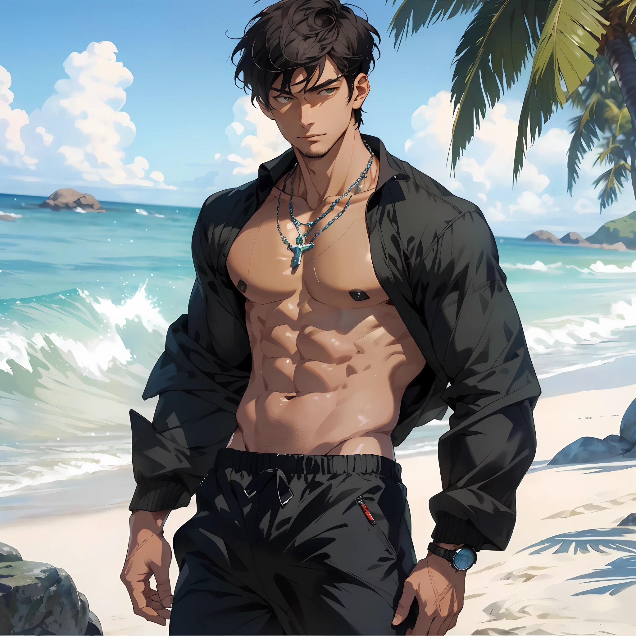 Realistic, (masterpiece, top quality, best quality, official art), very detailed, colorful, most detailed, gods, short hair, black hair, handsome man, sea, necklace, beach, pectorals, abs, beach pants