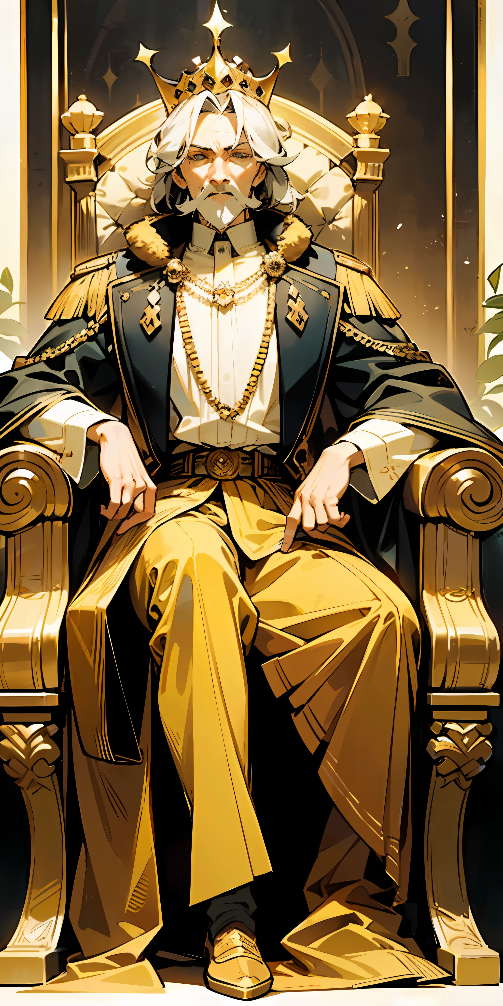"((old King)), (elegantly dressed in western royal attire), Wise vibe, majestically seated on a golden throne, against a lavish royal wall backdrop, captured in a full body shot."
