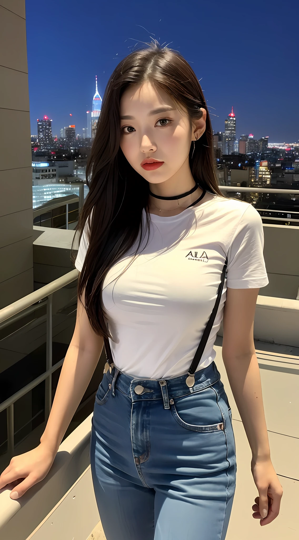 ((Midnight, Acura, 8K, Masterpiece: 1.3)), Full body, Long legs, Focal length: 1.2, Perfect Body Beauty: 1.4, Slim Abs: 1.1, ((Dark Brown Hair, Big Tits: 1.1)), (White Skinny T-shirt, Denim Suspenders, Standing: 1.2), ((City Night View, Roof: 1.3)), Highly detailed face and skin texture, Fine eyes, Double eyelids