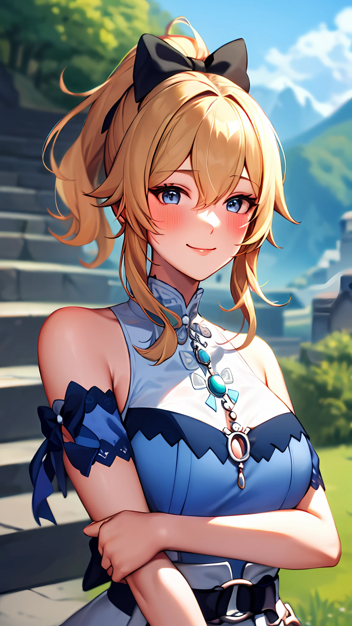 Masterpiece, highres, best quality, jeanseabreeze, upper body, smile, blush, outdoors, day, simple background, blue sky, short hair, sky, temple, looking at viewer, stairs, mountain, moody lighting, blush,