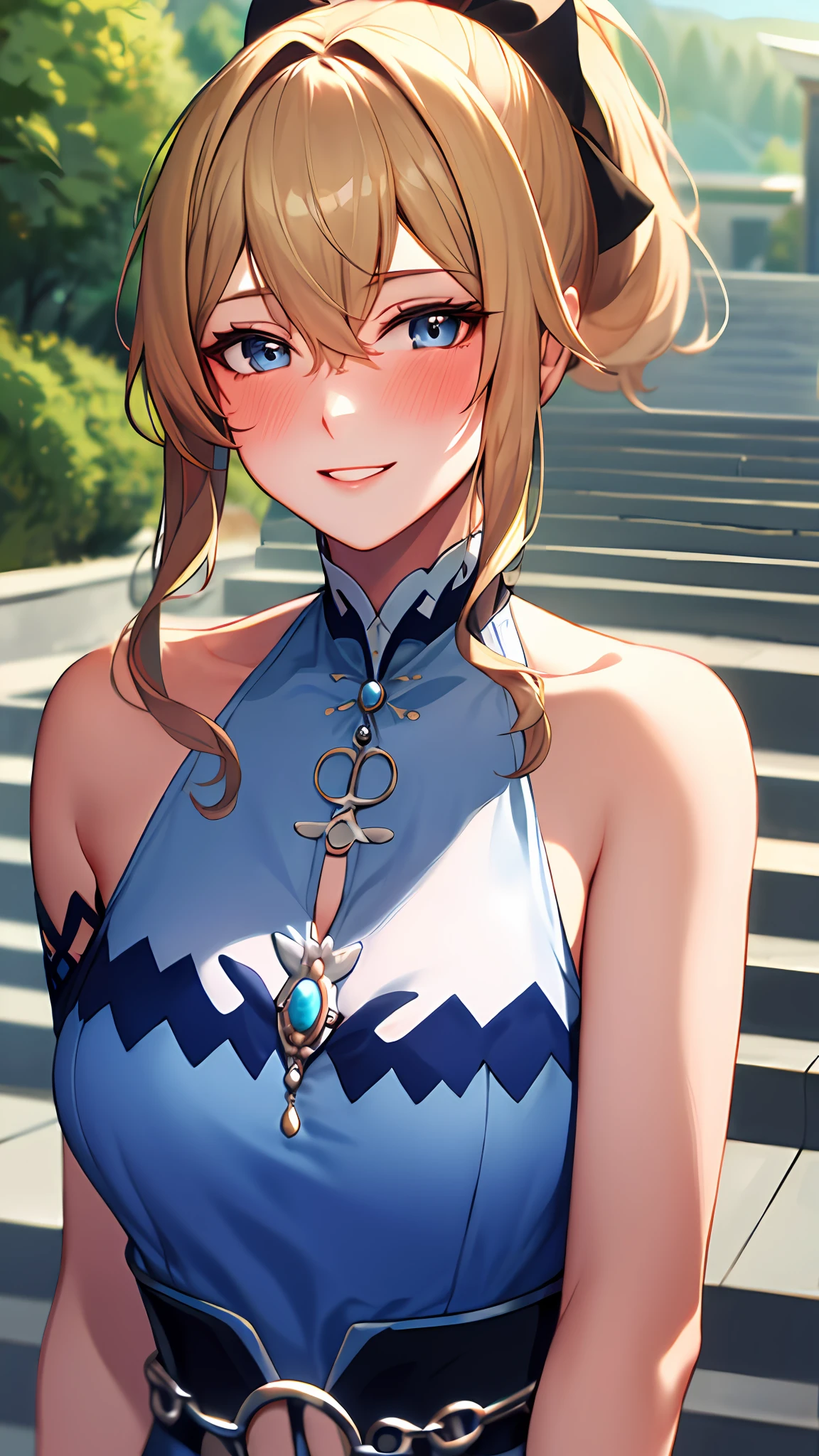 Masterpiece, highres, best quality, jeanseabreeze, upper body, smile, blush, outdoors, day, simple background, blue sky, short hair, sky, temple, looking at viewer, stairs, mountain, moody lighting, blush,
