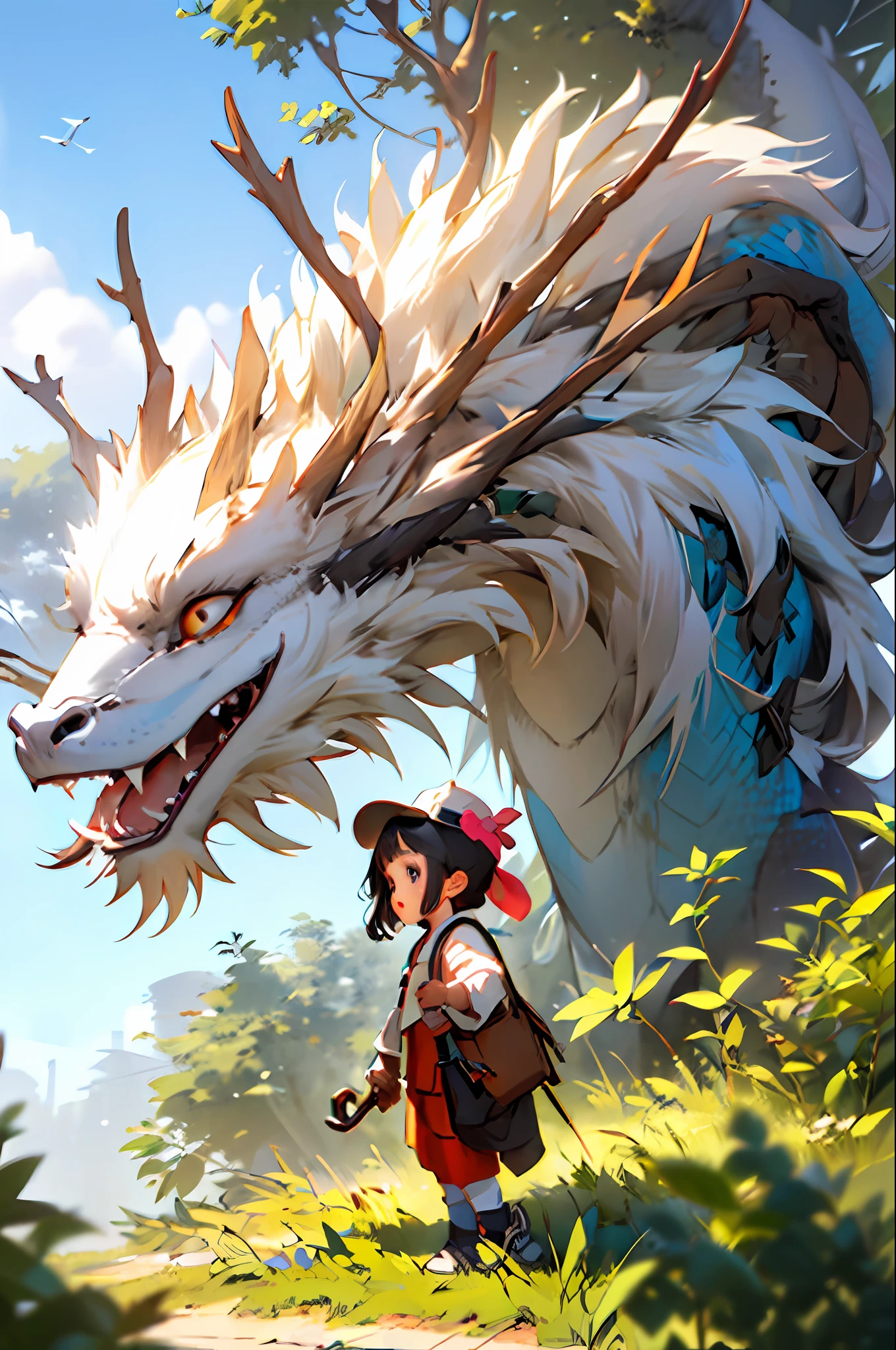girl, letterboxed, holding, outdoors, bird, standing, cloud, 1boy, weapon, from behind, sky, cloudy sky, animal, holding weapon, eastern dragon, monster, 1other, hat, fog,