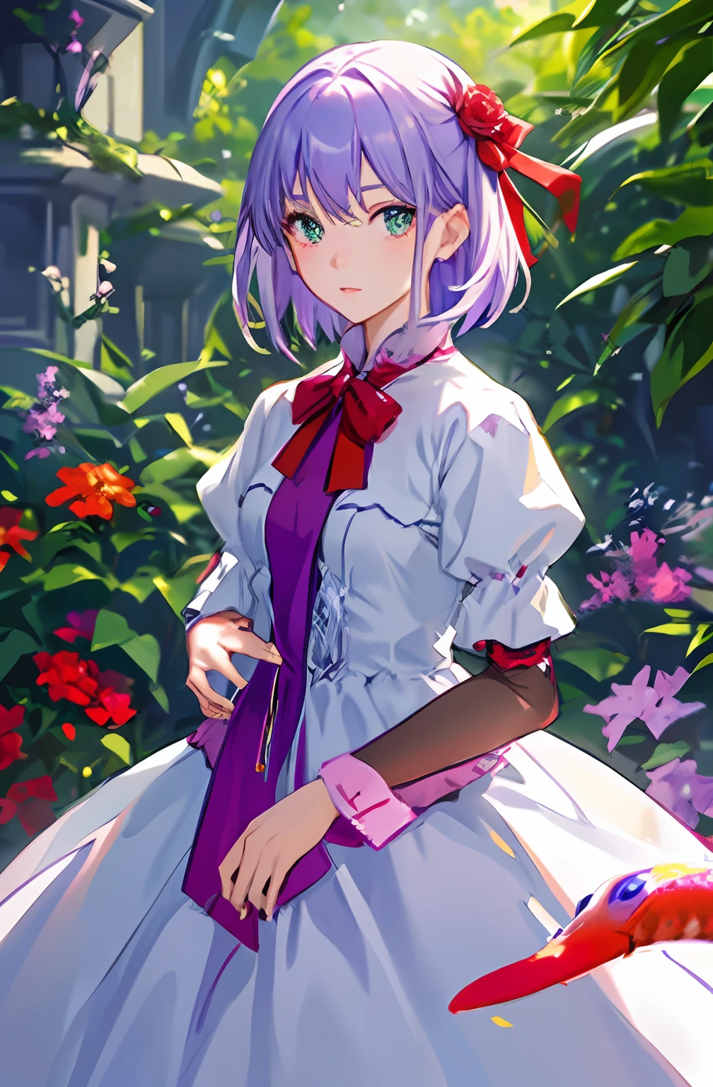 top-quality、masterpiece、超A high resolution、Realistic、女の子1人、beautiful countenance、On the body、Tyndall effect、photoRealstic、Short Wave Hair、Immaculate party dresses、The dress is all white、The ribbon on her hair is red、natta、Light purple hair、Girl with lilac hair、Emerald green eyes、femele、Red Geckavidin Ribbon、Wearing a red geckavidin flower ribbon on the left、