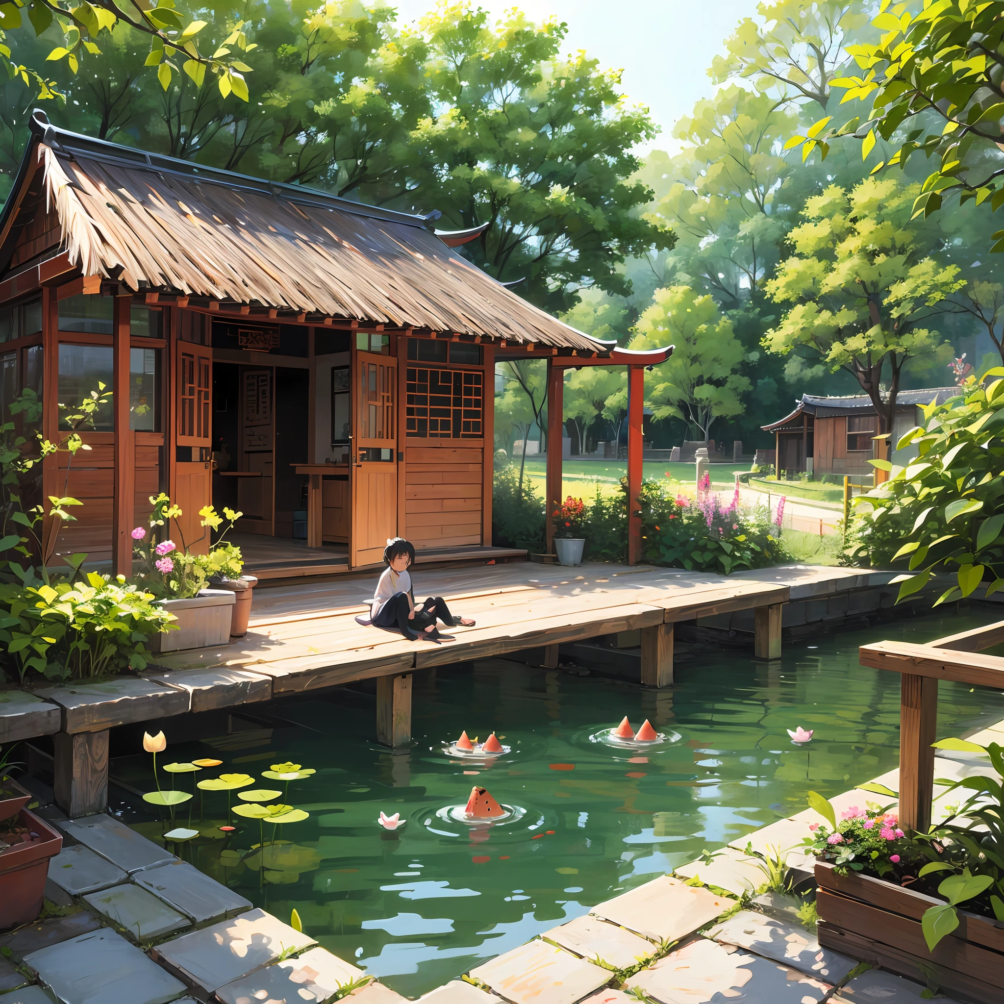 Chinese lunar solar term terminology:Heat rush。Ink style painting。Small child in the shade,Eat watermelon on the mattress,The kitten lies lazily on the belly next to it,Grandma fanned the flames on the sidelines。Several birds stopped,Jumped up in the trees。,In the hut, The mother came out of the thatched curtain。The pond in front of the house bloomed for him,Frogs chill on lotus leaves。Chinese lunar solar term terminology:Heat rush。Small child in the shade,Eat watermelon on the mattress,The kitten lies lazily on the belly next to it,Grandma fanned the flames on the sidelines。 --auto