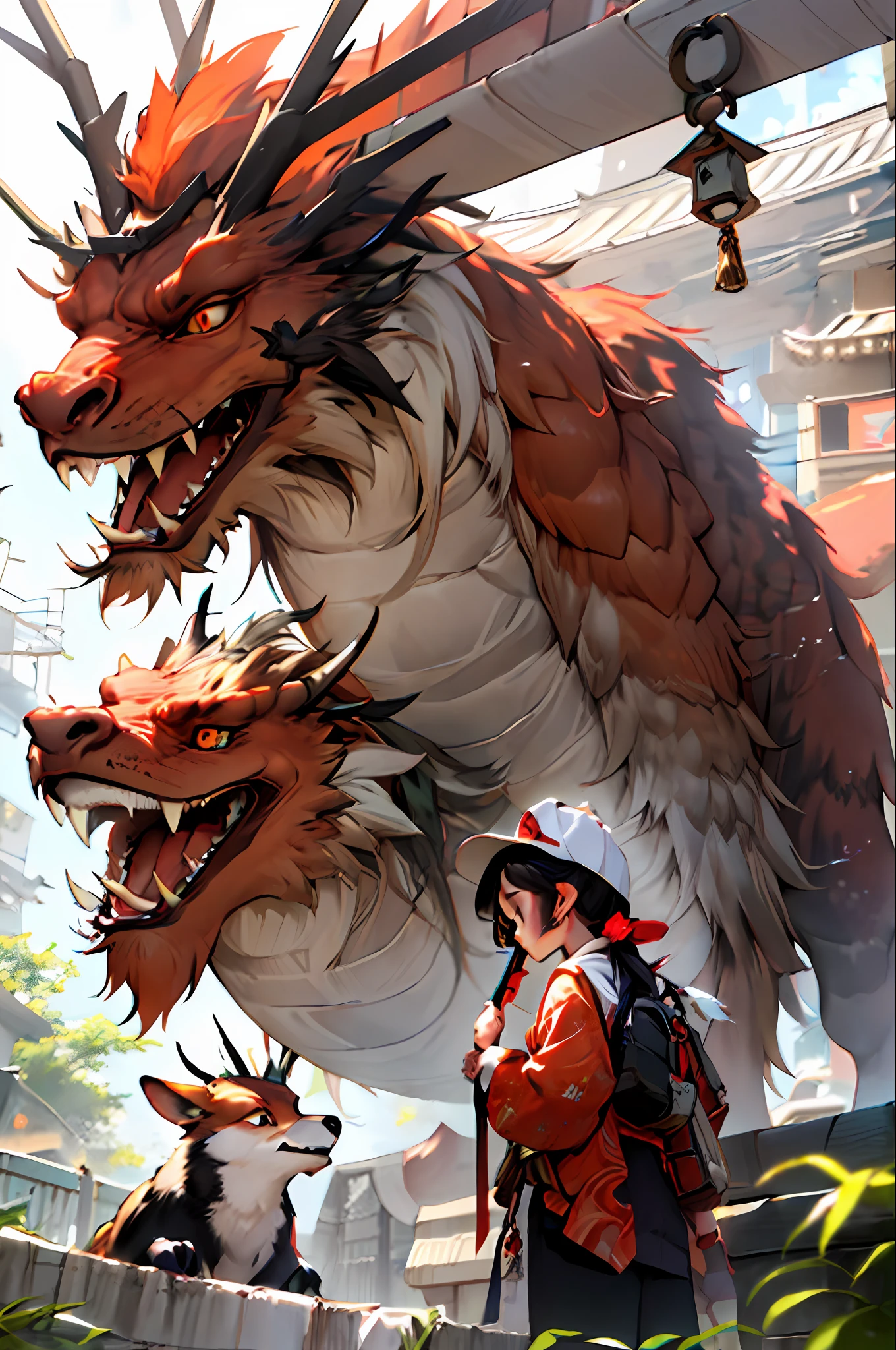 girl, letterboxed, holding, outdoors, bird, standing, cloud, 1boy, weapon, from behind, sky, cloudy sky, animal, holding weapon, eastern dragon, monster, 1other, hat, fog,