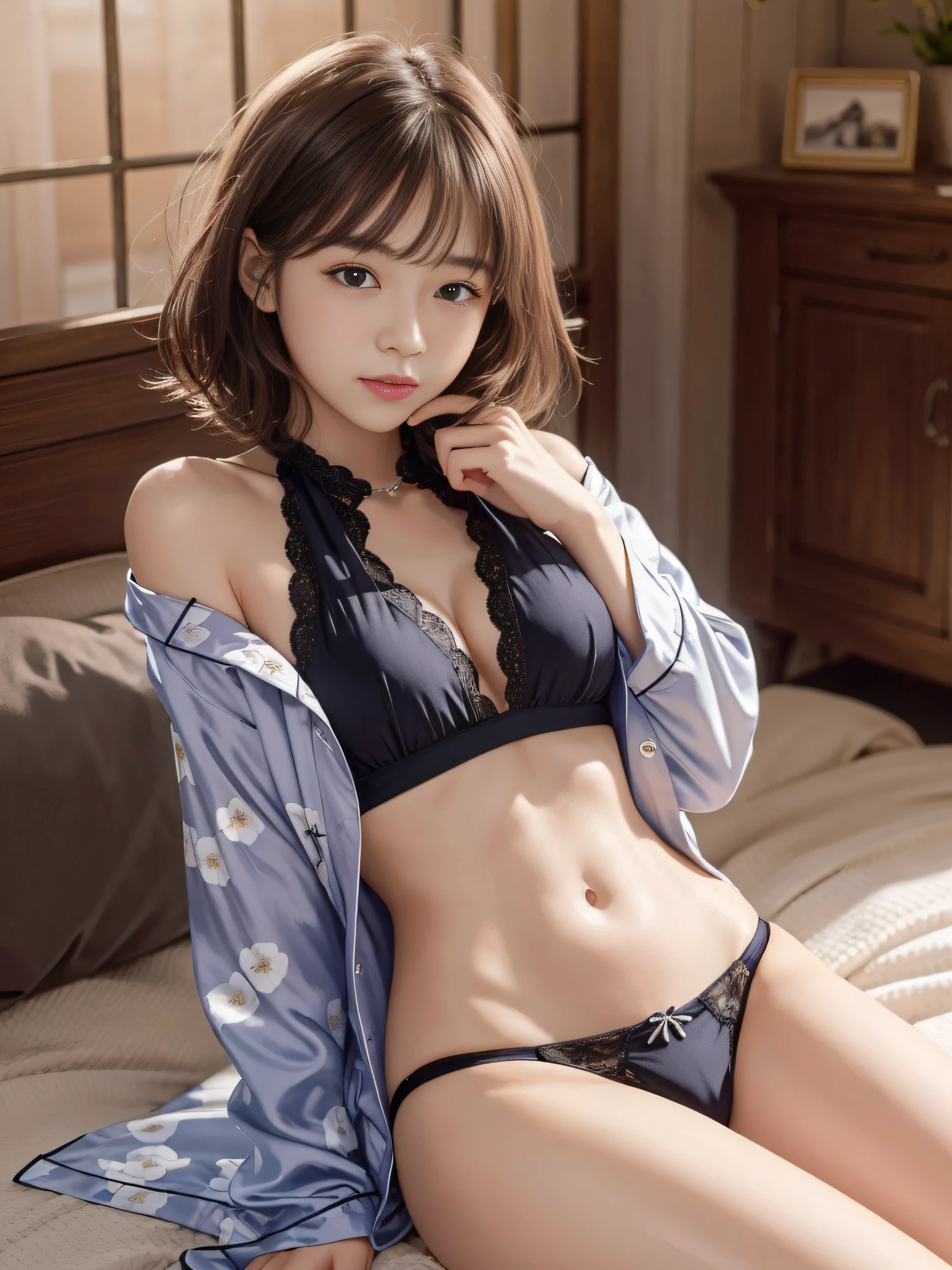 masutepiece, Best Quality, 8K, nffsw, girl  sleeping、18 years old、short-hair、realisticlying、She wears panties、Wearing silk pajamas、