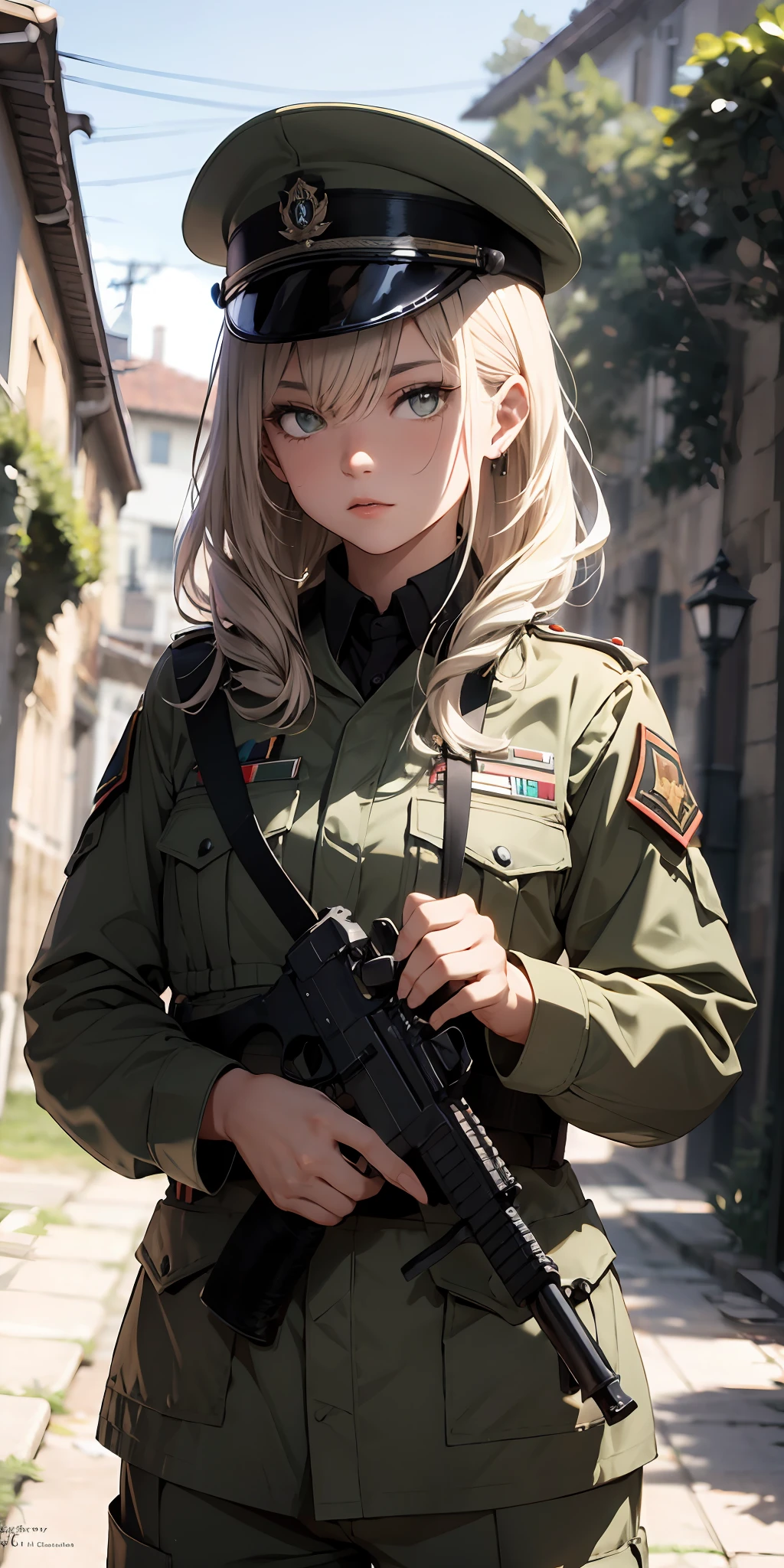 absurd resolution, Highresolution, (obra-prima:1.4), ultra-detalhada, 1Menina, em uniforme militar da segunda guerra mundial, campo de batalha,Pose sexy, camera perto do corpo,olhos azuis,cabelos loiros,absurd resolution, Highresolution, (obra-prima:1.4), ultra-detalhada, 1Menina, em uniforme militar da segunda guerra mundial, campo de batalha,serious pose, camera perto do corpo,olhos azuis,cabelos loiros,military hat, ambient quarto, uniforme fechado, corpo escondido pela roupa, casaco longo, Gun in hands, ak-47 bem desenhada arma completa.,detailed hands, segurando arma,ak 47